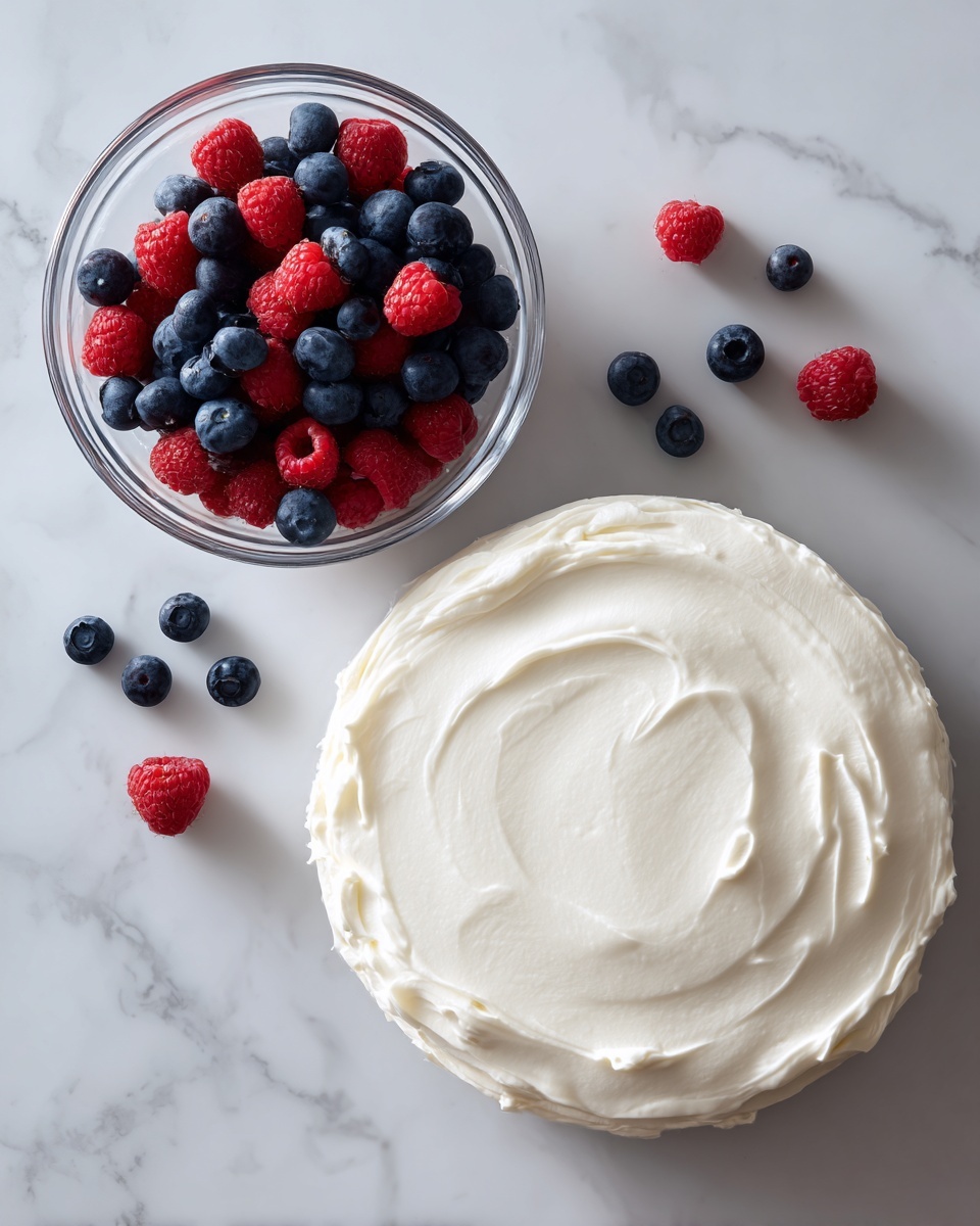 A top view of a round flat base fully spread with a smooth, even layer of white creamy topping. Next to the base, there is a small clear glass bowl filled with red raspberries and dark blue blueberries, with a few blueberries scattered on the white marbled surface. photo taken with an iphone --ar 4:5 --v 7