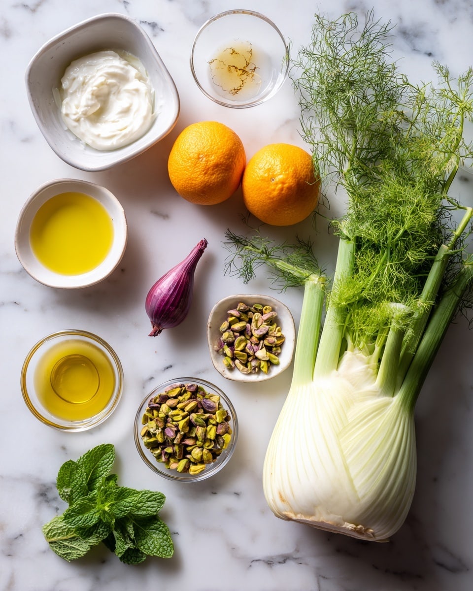 A collection of fresh cooking ingredients is neatly arranged on a white marbled surface. On the right side, there is a full bulb of fennel with its tall green stalks and feathery leaves extending upward. Next to it lies a single small shallot with smooth purple skin. Two whole oranges with bright, textured orange skin are placed near the center. A small bunch of fresh green mint leaves rests below the shallot. In separate white and clear round bowls and square dishes, there are different ingredients: white creamy yogurt, yellow olive oil, light brown mustard, a small amount of golden honey, chopped green pistachio nuts, and a clear empty bowl. The overall setup shows fresh, colorful, and natural elements ready to be used in cooking photo taken with an iphone --ar 4:5 --v 7