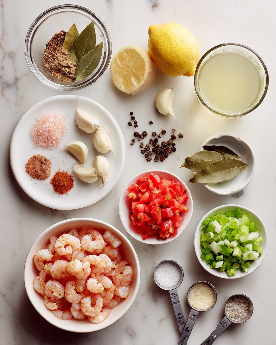 The image shows a flat layout of fresh and prepared ingredients on a white marbled surface. At the bottom left, there is a white bowl full of cooked shrimp, pinkish-white with some red accents. Above it to the left, a white plate holds several items: a small glass bowl with a mix of brown spices and bay leaves, a lemon cut in half showing its bright yellow inside, three garlic cloves, a small pile of pink salt, a cluster of black peppercorns, and a single green bay leaf. To the right of this plate is a clear glass with a light yellow liquid. Around these are smaller white bowls with finely chopped vegetables: bright red diced tomatoes, light green diced celery, a mixture of dark green herbs, and a combo of green onions and white pieces. In the middle is a small white bowl with minced garlic. Scattered near the bottom right are three measuring spoons holding white powder, a creamy light tan paste, and red seasoning powder. The scene is bright and clean. photo taken with an iphone --ar 4:5 --v 7