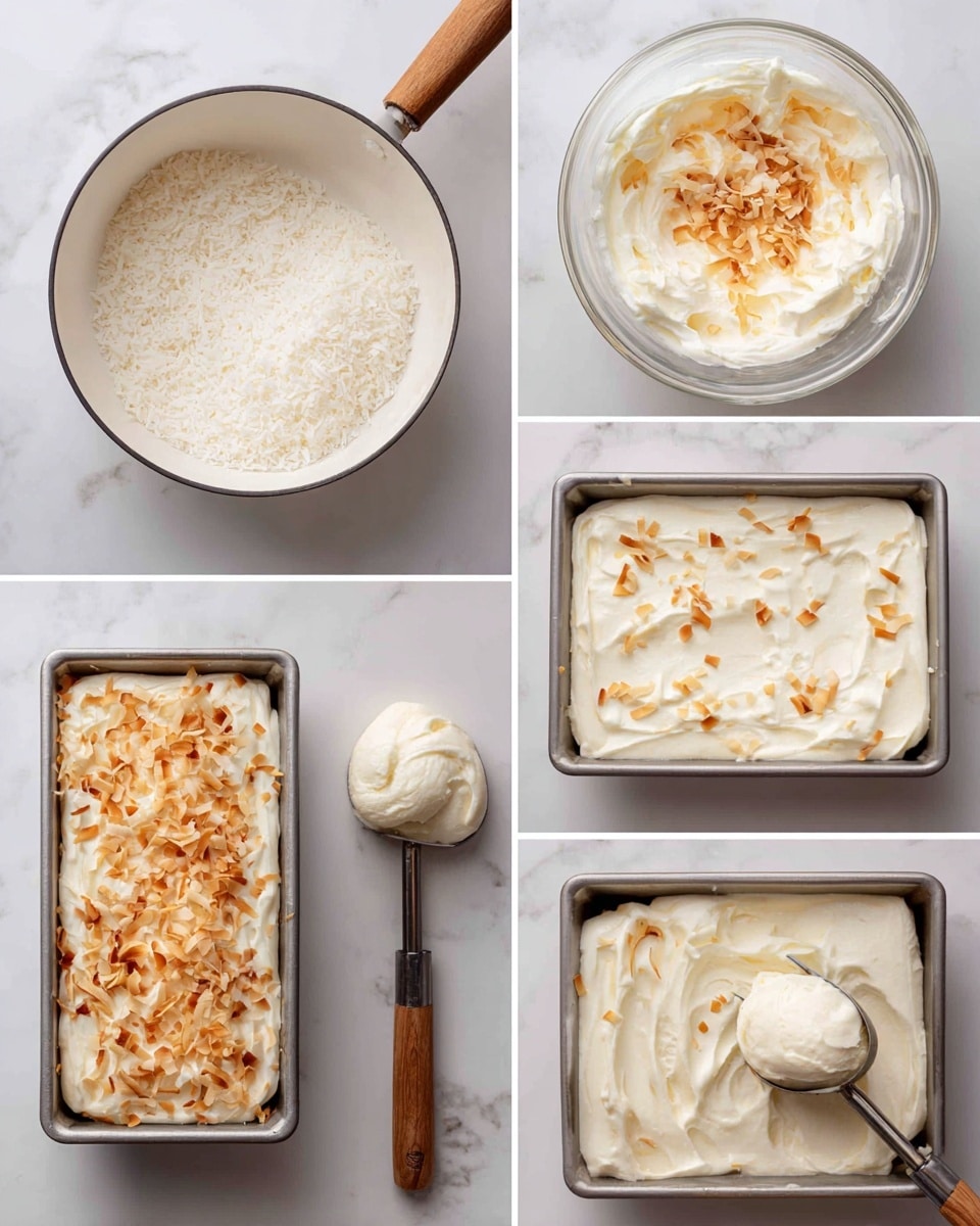 The image shows six steps of making a dessert in a clean kitchen setup with a white marbled background. The first step in the top left is dry shredded coconut in a small white pan with a wooden handle. Next to it, top right, is a clear glass bowl with a creamy white mixture. The second row, left side, shows the same bowl with the creamy mix now mixed with some toasted coconut flakes on the left side of the surface. On the right, there's a rectangular metal loaf pan filled with a smooth off-white creamy mixture. Below, on the left, the loaf pan appears again, this time topped with more toasted coconut flakes sprinkled evenly. The last image, bottom right, shows a close-up of a metal scoop lifting a creamy white ice cream-like dessert that also has scattered toasted coconut flakes, highlighting the creamy texture and small toasted pieces. All images show a neat, clear layout on a white marbled surface. photo taken with an iphone --ar 4:5 --v 7