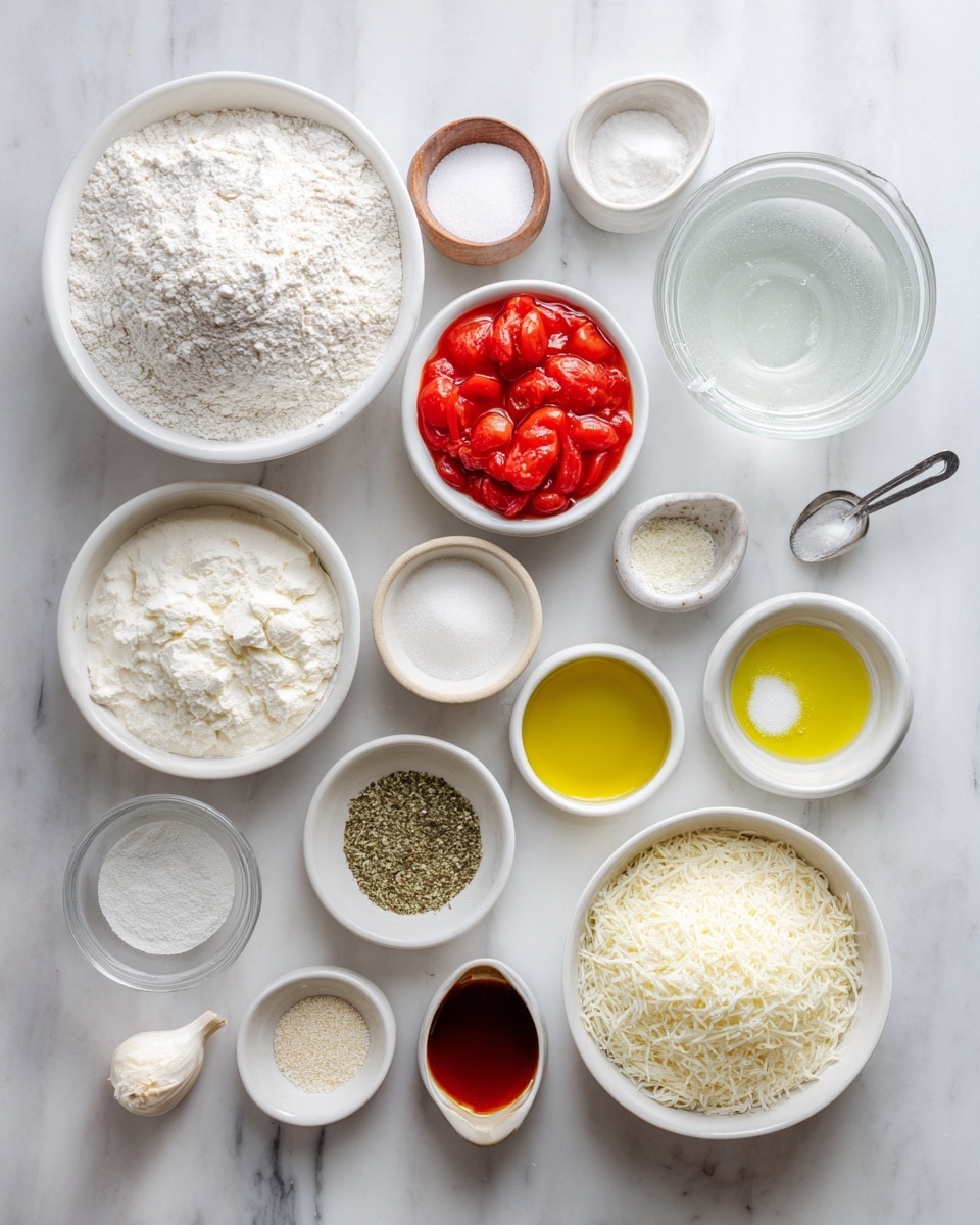 The image shows two round, smooth dough balls placed on a white marbled surface lined with parchment paper on the left side. On the right side, there is a white bowl blender filled with bright red cherry tomatoes that are whole or slightly soft, mixed with green dried herbs and white salt, ready to be blended. Above the bowl, a clear blade attachment is visible. A red and white striped cloth lies partially in the top corner of the image. Photo taken with an iphone --ar 4:5 --v 7