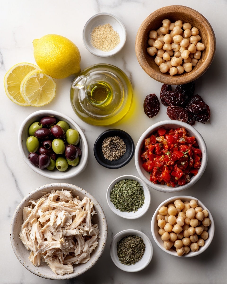 This image shows several small white bowls arranged on a white marbled surface, each holding different ingredients. The largest bowl at the bottom left is filled with shredded light beige chicken. To its right, a smaller white bowl contains bright red chopped roasted peppers. Above that, a small white bowl holds chopped mixed olives in shades of green and dark purple. Above the olives, there is a wooden bowl filled with a beige powder. Next to it, a white bowl contains dark red sun-dried tomatoes. Above this, another white bowl is filled with pale beige chickpeas. Above the chickpeas, there is a clear glass bottle with golden olive oil. To the left of the bottle, a small black bowl holds a small amount of ground beige spice. Below that, a white bowl holds a green dried herb. Next to that, a white bowl contains a mix of ground black pepper and white salt. At the top left, a white bowl contains a halved lemon and a small pile of yellow lemon zest. photo taken with an iphone --ar 4:5 --v 7
