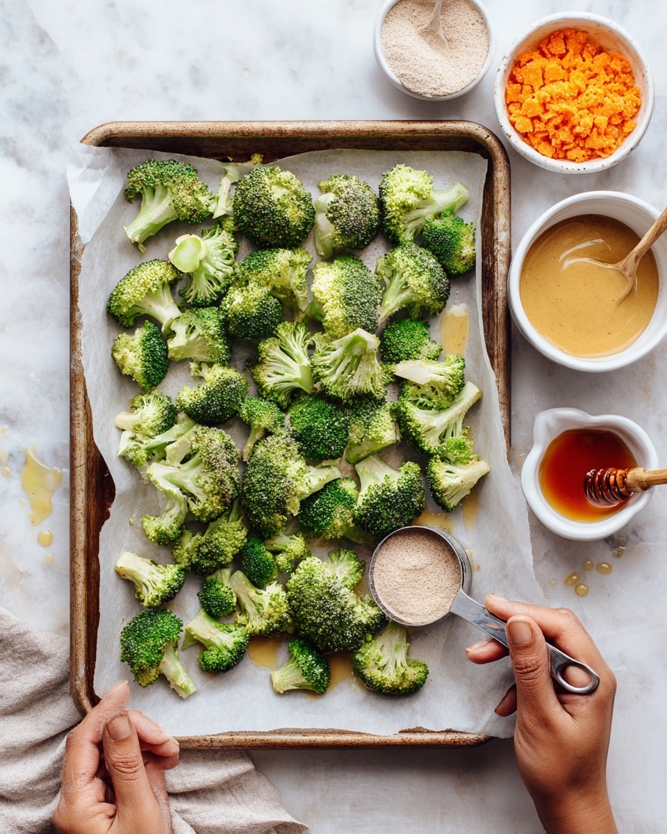 A baking tray lined with white parchment paper holds a single layer of fresh green broccoli florets, showing varied shapes and sizes with a mix of dark and light green tones. On the right side, a woman's hand holds a small metal measuring spoon filled with a light beige powdered spice, poised above the broccoli. Another woman's hand steadies the tray on the lower left corner. The tray rests on a white marbled surface with a few drops of oil nearby. Around the tray on the top right, there is a white bowl filled with grated orange carrot, a small white container with reddish-brown sauce, and a honey pot with a wooden dipper. Photo taken with an iphone --ar 4:5 --v 7
