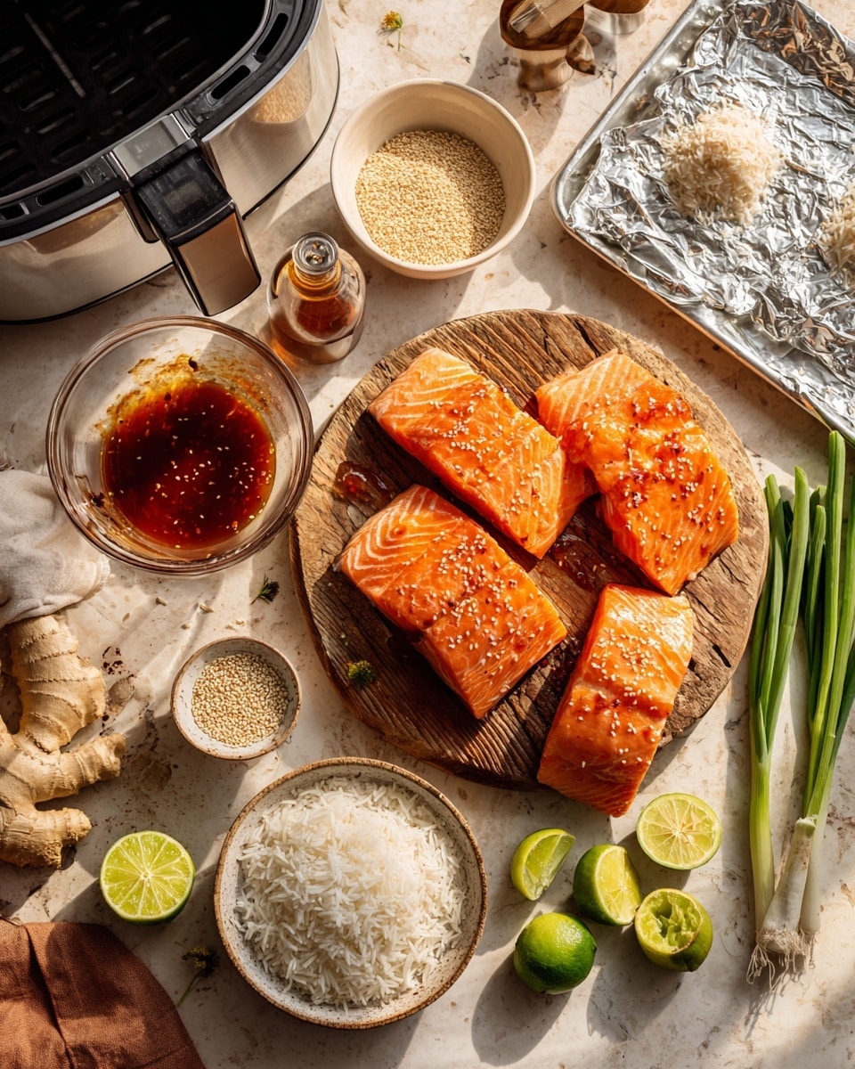 The image shows four steps of cooking salmon. In the first step, three raw salmon pieces with silver scales face up are placed in a clear rectangular dish with a dark brown marinade at the bottom, set on a white marbled surface. The second step shows two bright orange salmon fillets with a sprinkle of coarse salt, lying flat in a round metal steamer. In the third step, a woman's hand holds a silver spoon, pouring a layer of shiny glaze over the cooked salmon, which has turned a light golden orange with a slightly moist texture, still in the metal steamer. The fourth step shows two golden brown salmon fillets with a crisp and slightly caramelized surface, sitting in the same metal steamer with some visible juice and slight charring around the edges. photo taken with an iphone --ar 4:5 --v 7