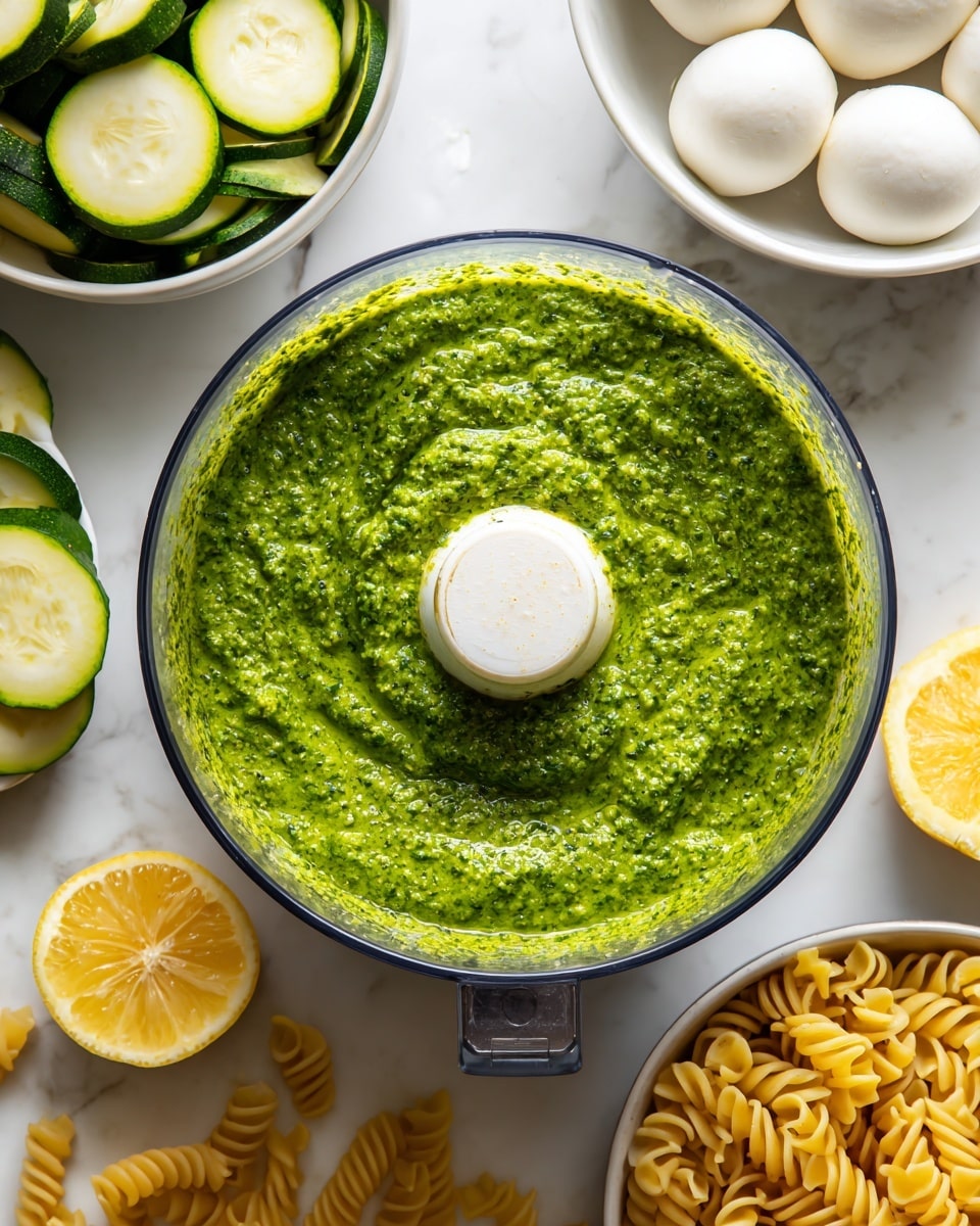 A metal pot filled with water shows light green zucchini slices floating on top, with small pasta pieces visible under the water. The zucchini slices are thin, round, and have dark green edges with pale green centers. Some bubbles and foam appear on the water surface, indicating boiling. In the top left corner, there is a small white plate holding two smooth, round white mozzarella balls. The background and surface are white with a soft marbled texture. photo taken with an iphone --ar 4:5 --v 7