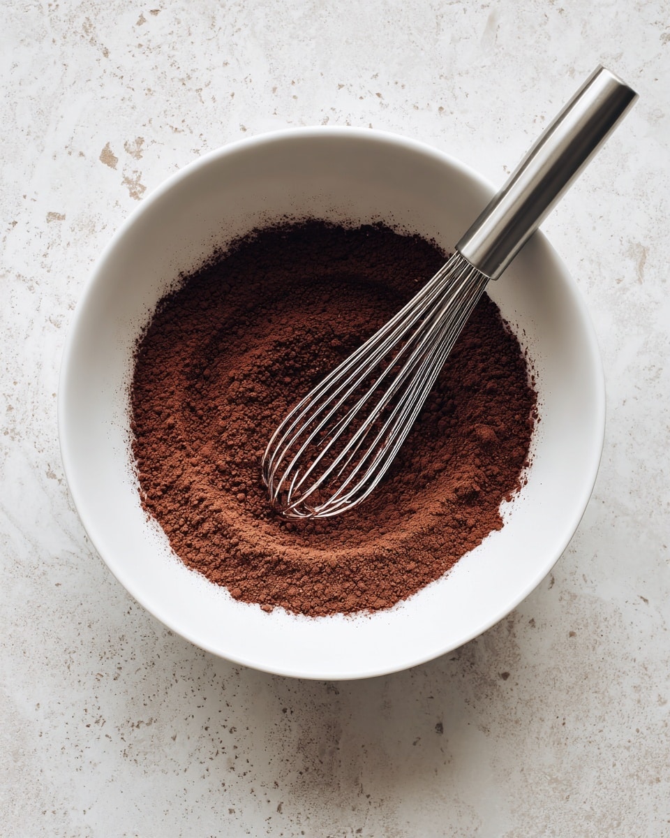 A white bowl holds a single layer of fine brown cocoa powder covering the bottom evenly. A shiny silver metal whisk lies on top, resting diagonally from the lower right to upper left corner of the bowl. The bowl sits on a white marbled surface with faint gray and beige speckles, giving a clean and simple kitchen feel. Photo taken with an iphone --ar 4:5 --v 7