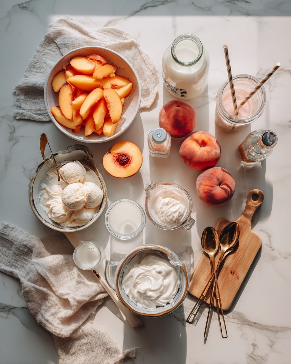 The image shows four steps of making a peach smoothie, each inside a clear blender jar against a white marbled surface. In the first step, there are peeled peach slices with their yellow and reddish skin on top of a small pool of white liquid. The second step shows the peach slices blended into a smooth, thick, light orange mixture around the blender blades. In the third step, two scoops of white yogurt or cream are added on top of the peach mixture. In the last step, the contents are blended into a creamy, pale orange smoothie with a smooth texture swirled in the blender jar. photo taken with an iphone --ar 4:5 --v 7