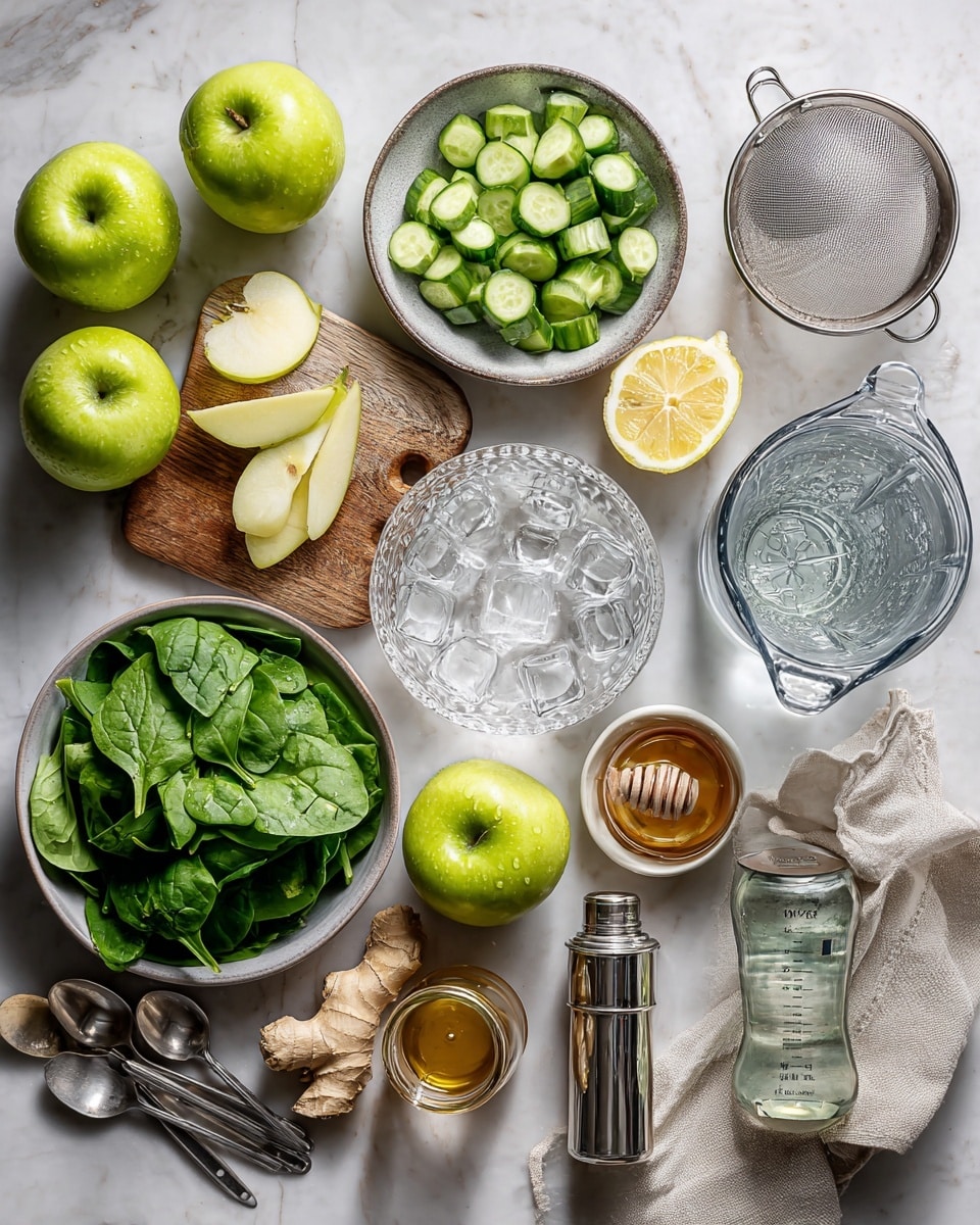 A clear blender jar filled with three main ingredients arranged in layers: at the bottom, there is a layer of fresh green spinach leaves; on top of the spinach, there are medium-sized chunks of light green apple and dark green cucumber pieces with a bumpy texture; in the center on top, there is a dollop of thick, creamy, light beige sauce. The blender rests on a white marbled surface. Photo taken with an iphone --ar 4:5 --v 7