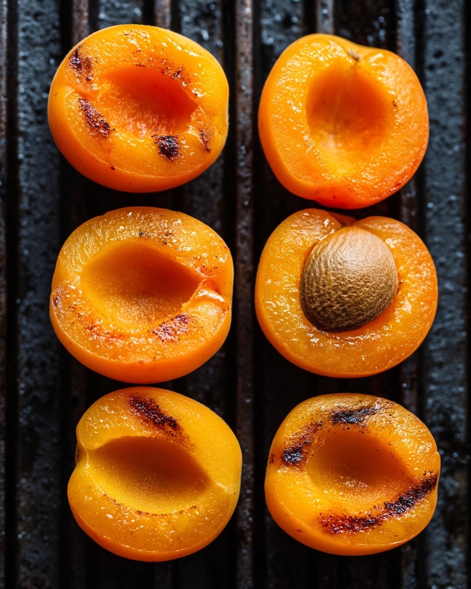 Six bright orange apricot halves are placed on black grill bars, each showing charred brown grill marks on their shiny, slightly soft surface. The apricots are arranged in two vertical rows of three. The fruit's pits are removed, revealing a slightly rough and textured center. The apricots' skin is smooth and glows under natural light, contrasting with the dark grill bars and a faintly visible dark gray grill base underneath. The photo taken with an iphone --ar 4:5 --v 7