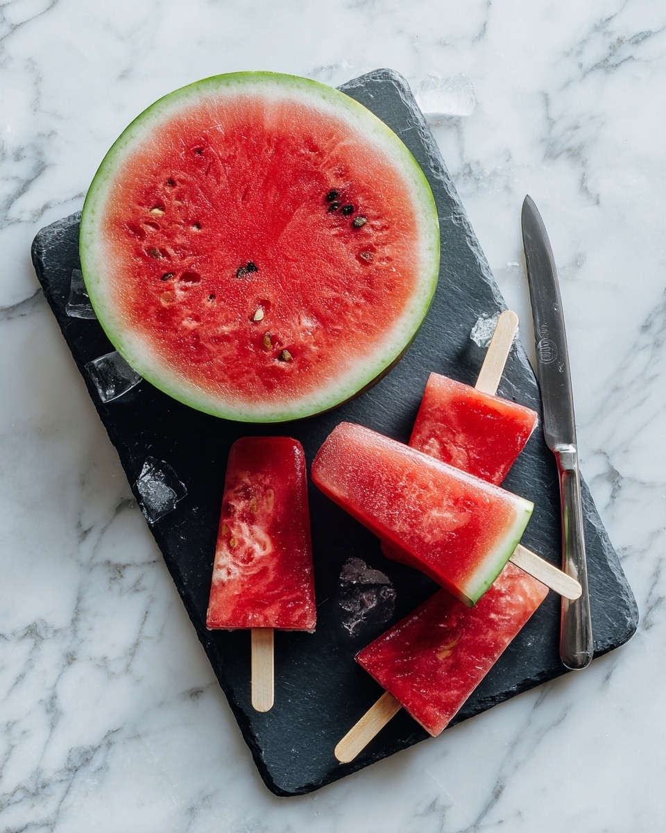 The image shows a dark cutting board on a white marbled surface. On the board, there is one large round slice of watermelon with a green rind and bright red flesh with seeds. Next to it, there is one watermelon quarter cut into three pieces, two of which have wooden sticks inserted in the rind side, making them look like watermelon popsicles. To the right on the board, there is a silver knife with a black handle. The overall colors are green, red, black, white, and silver. photo taken with an iphone --ar 4:5 --v 7