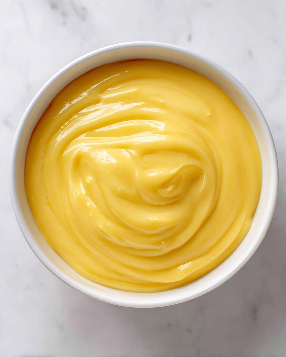 A close-up view of a white bowl filled with a smooth, thick, yellow custard-like mixture that has a shiny and creamy texture. The surface of the mixture has soft waves and gentle folds, showing it is freshly stirred or poured. The bowl sits on a white marbled surface, creating a clean and simple background that highlights the bright yellow color of the food. Photo taken with an iphone --ar 4:5 --v 7