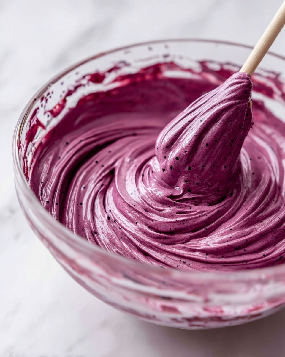 A clear glass bowl filled with a thick, smooth mixture of a deep purple color. The mixture has a creamy texture with small darker specks scattered throughout. The surface of the mixture shows swirling patterns indicating it is being stirred with a thin utensil. The bowl edge is visible with some of the purple mixture smeared along it. The background is a white marbled texture. photo taken with an iphone --ar 4:5 --v 7