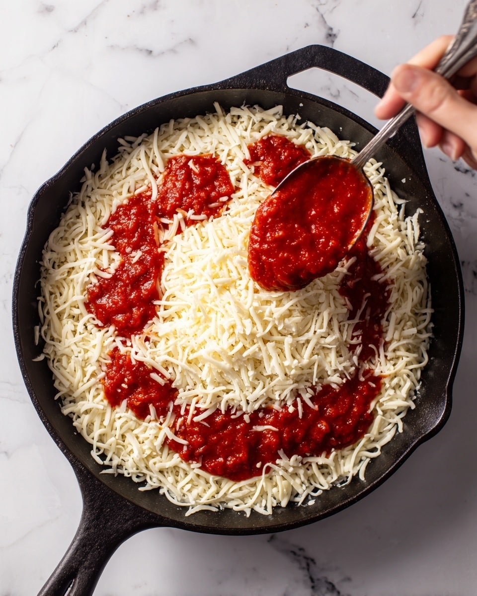 A black cast iron pan filled with a thick, even layer of white shredded cheese covering the entire bottom. Small dollops of red tomato sauce are spread evenly on top of the cheese layer. A woman's hand is holding a spoon in the top right corner, adding another spoonful of tomato sauce over the cheese. The background has a white marbled texture. photo taken with an iphone --ar 4:5 --v 7