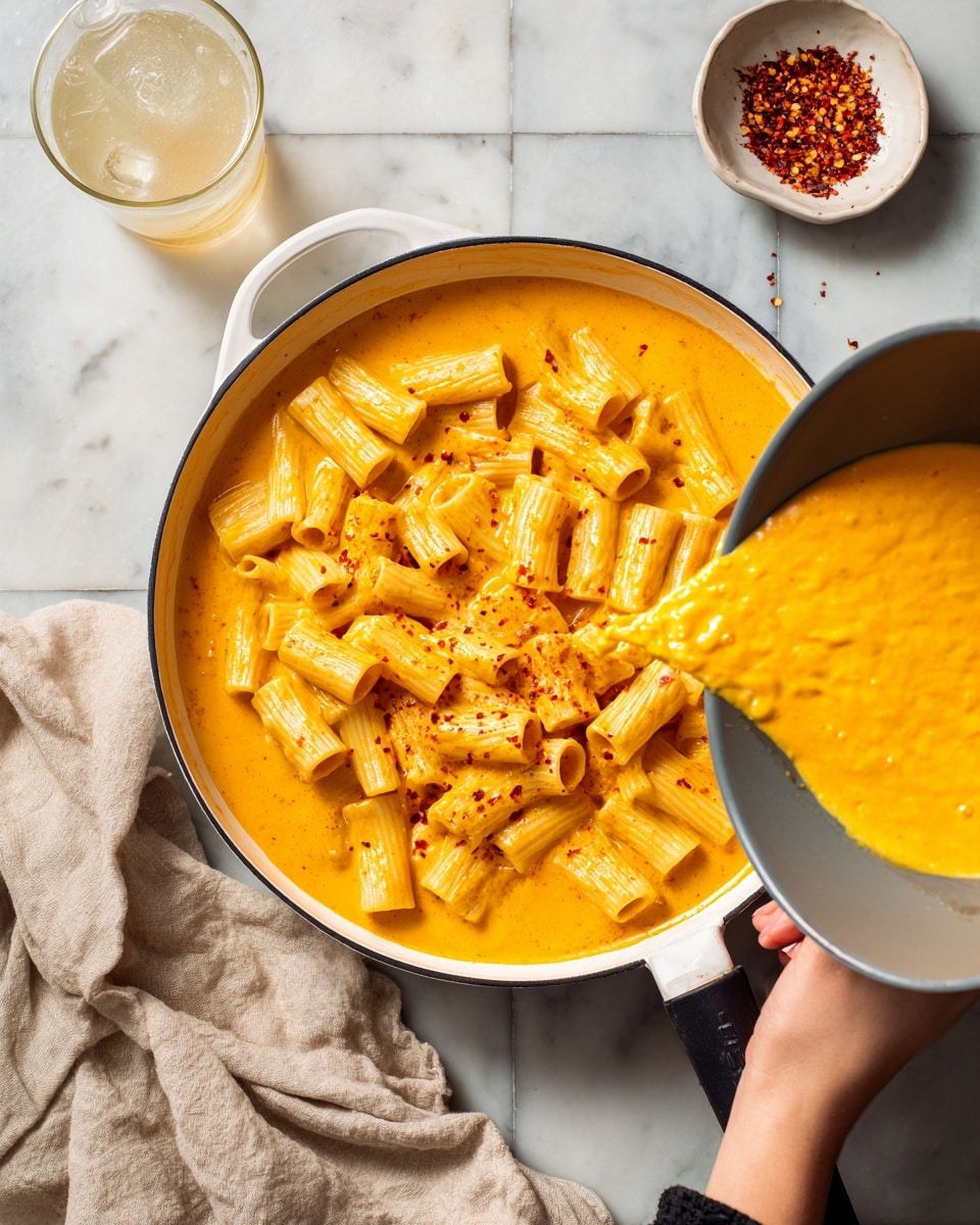 A white pan with a black inside filled with bright orange creamy sauce is at the center. On top of the sauce, there is a layer of light yellow rigatoni pasta being poured from a gray pan held by a woman's hand on the right side. The background shows a white marbled tiled surface with a glass of light-colored drink at the top, a small white bowl with red pepper flakes on the right, and a beige cloth on the bottom left. photo taken with an iphone --ar 4:5 --v 7