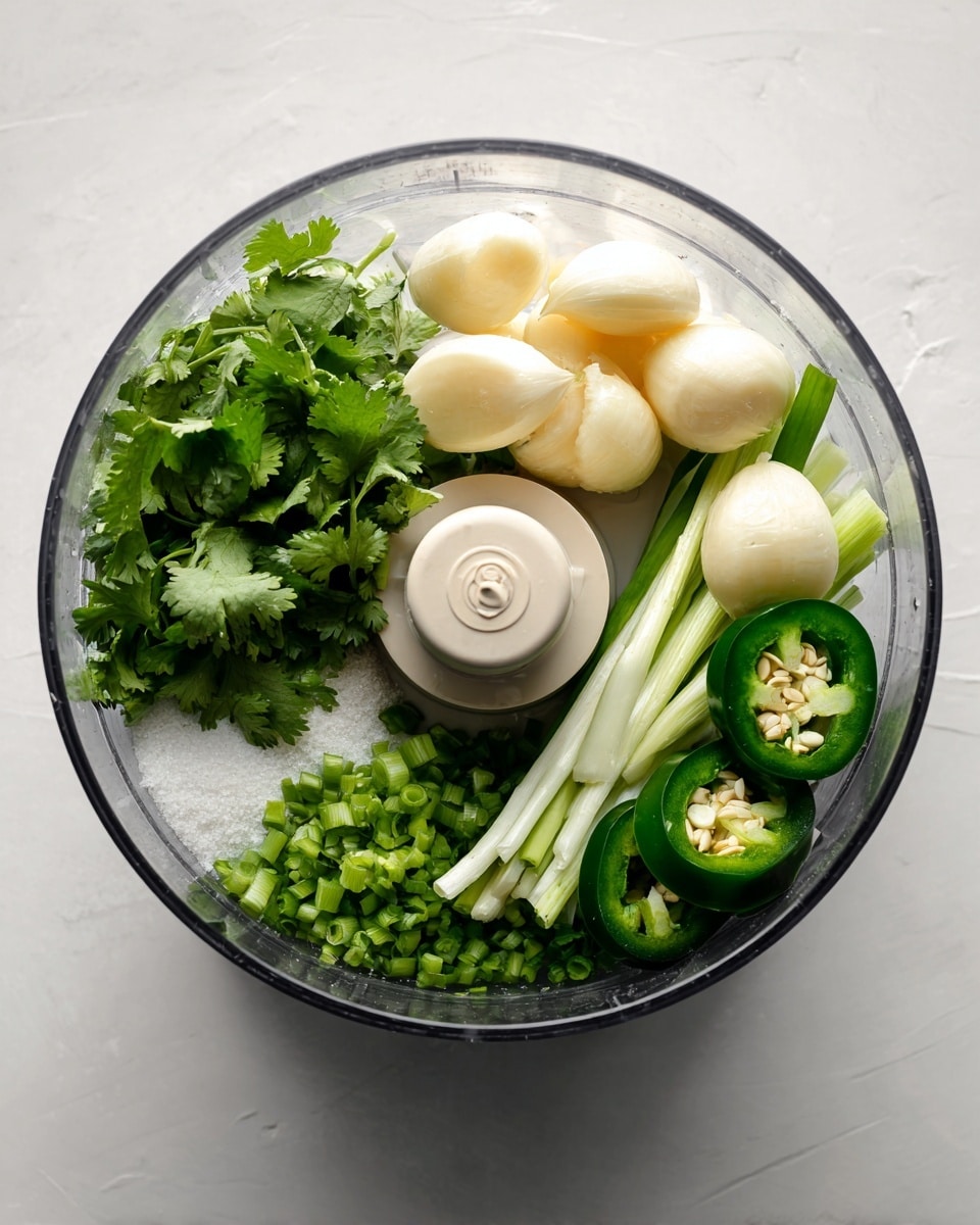 A clear food processor bowl sits on a white marbled surface, filled with fresh green ingredients. On the left side, bright green cilantro leaves with delicate edges rest above a small pile of white salt. In the center, there are five peeled garlic cloves, smooth and creamy white, surrounding the beige processor blade attachment. On the right side, several cut pale green scallion stalks lay on top of each other, and at the bottom right corner, there are two pieces of dark green jalapeño with white seeds showing inside. The clear bowl and the white marbled surface create a clean and fresh appearance. photo taken with an iphone --ar 4:5 --v 7