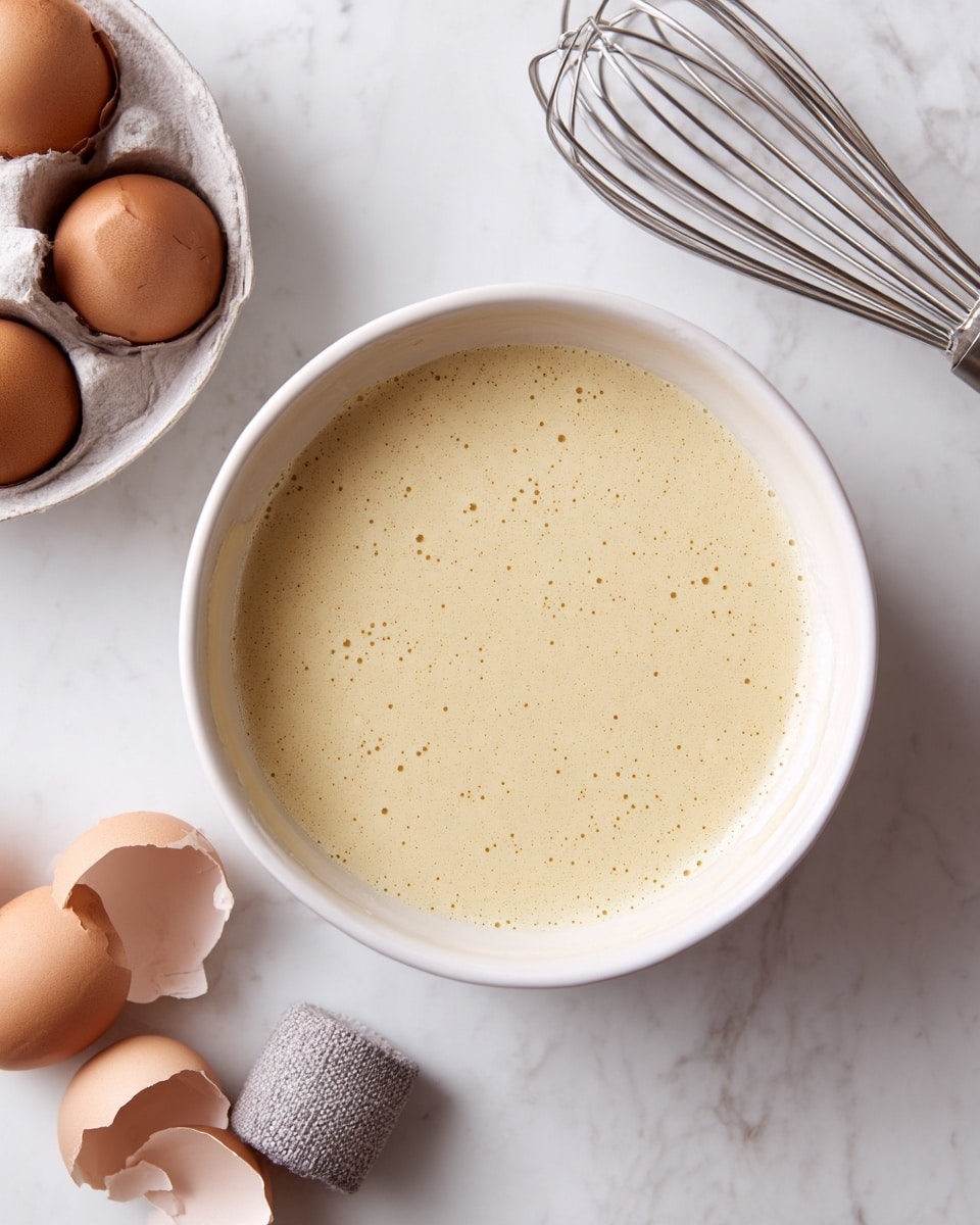 The image shows a top view of a white bowl filled with a smooth pale yellow mixture covered in small bubbles, placed on a white marbled surface. To the left of the bowl, there is a white bowl containing several empty brown eggshells, with a textured small gray sponge or scrubber next to them. Above the eggshell bowl, a whisk with shiny metal wires is positioned diagonally. Photo taken with an iphone --ar 4:5 --v 7