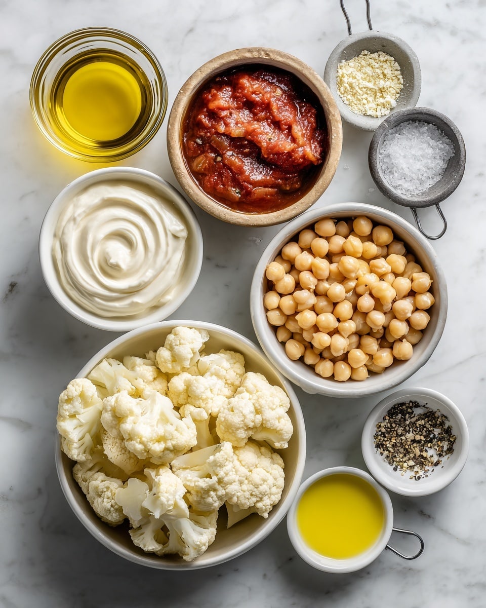 The image shows several small white bowls and one light brown bowl arranged on a white marbled surface, each holding different ingredients. The largest white bowl in the bottom left is filled with light cream cauliflower florets, showing their bumpy texture. To its right, a small white bowl contains pale yellow crumbled cheese with a soft, grainy texture. Above the cheese, a small metal sieve holds thick white yogurt with smooth swirls. To the left of the yogurt, a round light brown bowl is filled with round, light brown chickpeas that have a smooth surface. At the top left, a small white bowl holds golden-yellow olive oil, while next to it is a similar bowl filled with a thick, deep red tomato sauce with visible tomato chunks. At the top right, a gray marble bowl contains coarse salt and black pepper. Below it are two small white dishes; one holds a bit of yellow olive oil with black pepper, and the other holds a pale yellow liquid that looks like lemon juice. photo taken with an iphone --ar 4:5 --v 7