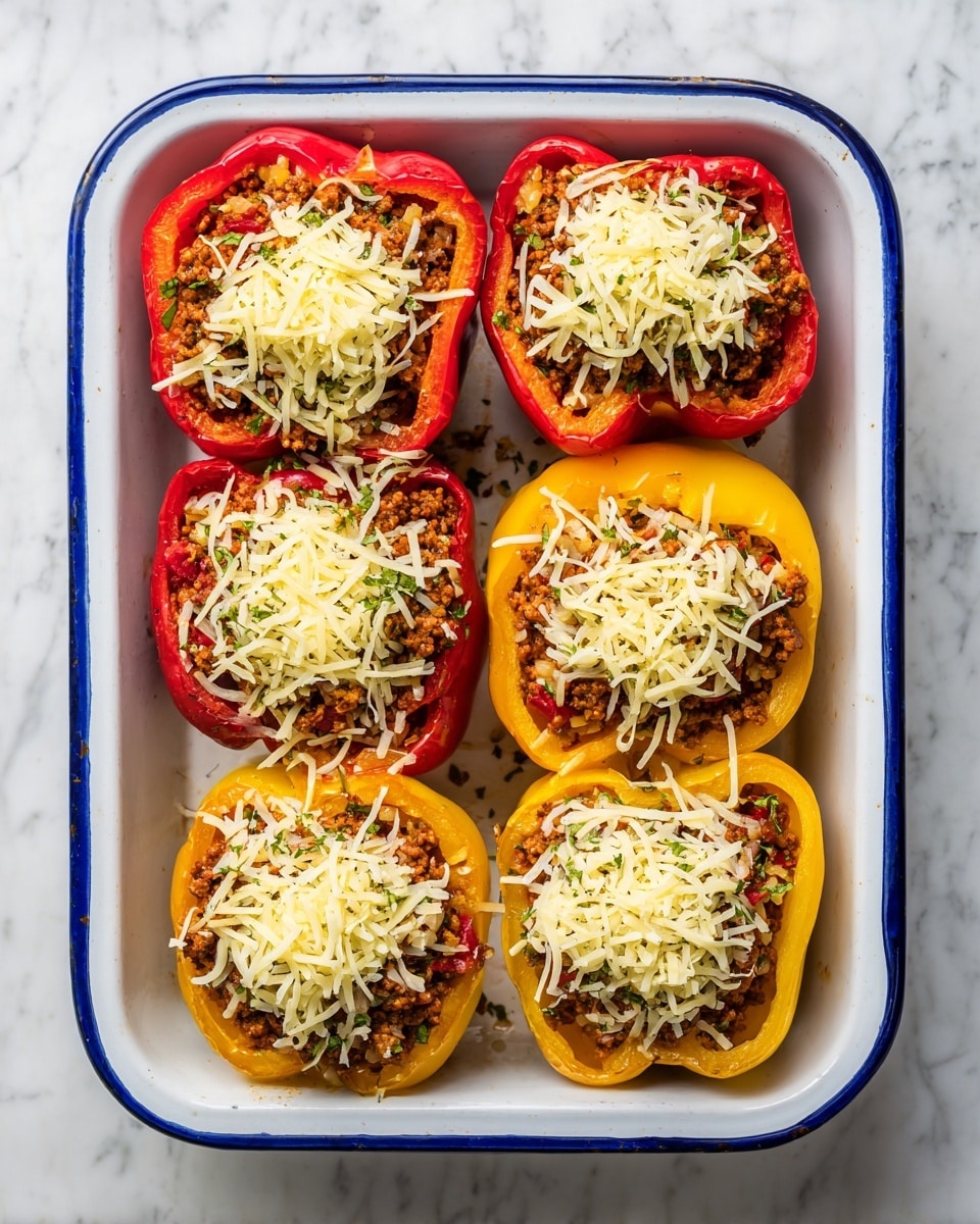 Inside a white baking dish with a blue rim, there are eight bell pepper halves arranged neatly, four red and four yellow. Each pepper half is filled with a brown, finely chopped meat mixture mixed with bits of vegetables and herbs, creating a textured and hearty layer. On top of this filling, there is a generous mound of shredded pale yellow cheese, lightly piled and slightly spilling onto the edges of the peppers. The whole dish sits on a white marbled surface, highlighting the fresh, colorful peppers and their rich stuffing. photo taken with an iphone --ar 4:5 --v 7