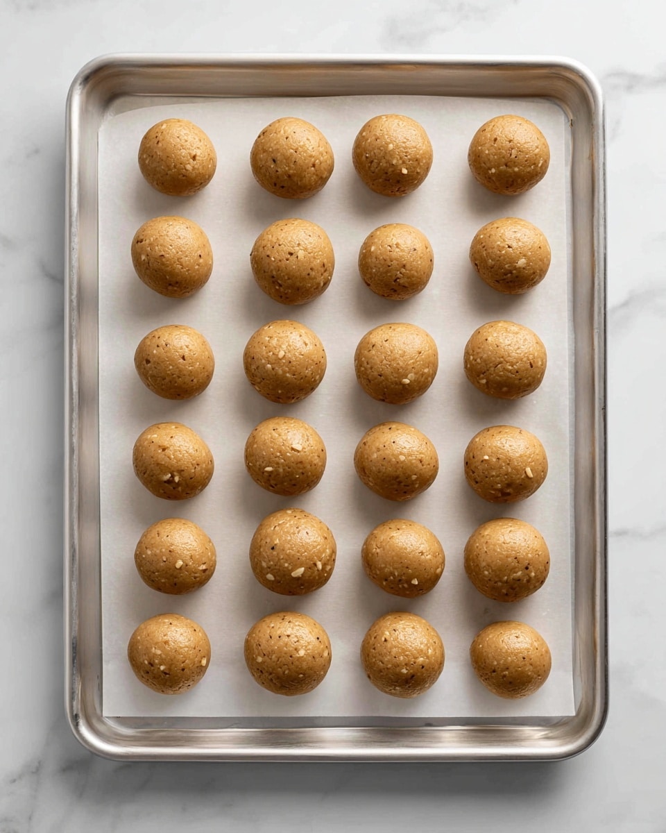 The image shows 20 round dough balls arranged evenly on a white parchment paper liner, which is placed on a metal baking tray. Each dough ball is light brown with a smooth, slightly shiny texture and small visible bits inside, giving a slightly speckled look. The tray sits on a white marbled surface. The dough balls are spaced out in four rows, with five balls in the first and third rows and four in the second and fourth rows. Photo taken with an iphone --ar 4:5 --v 7