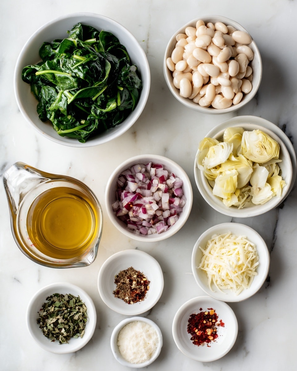 The image shows an overhead view of several small white bowls and a glass measuring cup arranged neatly on a white marbled surface. The bowls contain different cooking ingredients: one bowl is filled with chopped fresh spinach leaves with a dark green color, another holds whole white beans with a smooth texture, and another has pale yellow artichoke hearts cut into pieces. Smaller bowls hold finely chopped red onions, minced garlic, chopped fresh herbs in dark green, and shredded cheese in pale yellow and white tones. Additionally, tiny bowls contain olive oil with a golden color, a small amount of vinegar in pale yellow, red pepper flakes, salt, and a creamy white mixture that looks like yogurt or sour cream. The glass measuring cup holds a light brown liquid, possibly broth. Everything is arranged in a clean and organized way on the white marbled background, with even spacing between each item. Photo taken with an iphone --ar 4:5 --v 7
