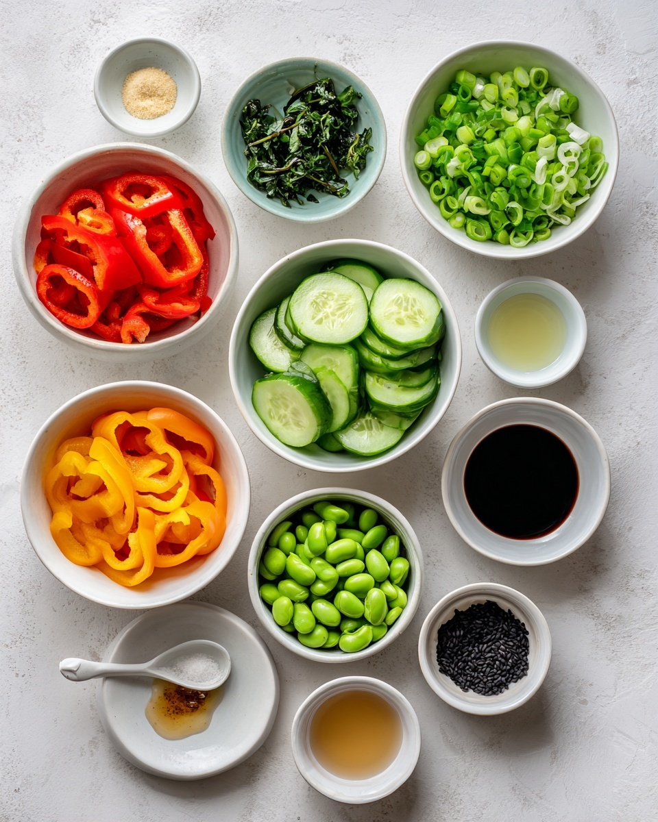 The image shows a neat arrangement of twelve small white bowls and plates on a white marbled surface, each filled with colorful fresh ingredients. Starting from the bottom left, a white bowl holds red, orange, and yellow bell pepper rings, vibrant and smooth in texture. Above that, a small white bowl has dark green fresh mint leaves finely chopped. Next is a bowl of thinly sliced green onions, with pale greens and whites visible. At the center top, a white bowl is filled with round, evenly sliced bright green cucumber pieces, each showing detailed inner patterns. To the right of the cucumbers, there is a small white bowl containing black soy sauce with a dark, glossy liquid inside. Just below that, a white plate holds a spoon with light beige mustard and a small amount of minced garlic. Below this plate, three white bowls contain pale yellow vinegar, light brown honey or syrup, and clear water respectively. Below the water, there is a bowl filled with fresh bright green edamame beans, smooth and plump. To the right of the edamame is a small white bowl filled with a mix of black and white sesame seeds. At the bottom center, a tiny white bowl contains fresh finely chopped green herbs. The entire setup is clean and brightly lit, with the ingredients’ colors standing out vividly against the white bowls and marbled surface. photo taken with an iphone --ar 4:5 --v 7