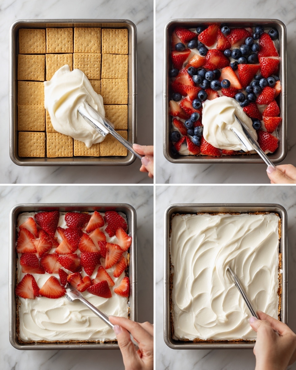 A square metal pan on a white marbled surface is shown with six images of a layered dessert in progress. The first image shows a base layer of golden brown crackers neatly placed flat inside the pan, with a woman's hand spreading thick, smooth white cream on top using a small spatula. The second image reveals a layer of fresh sliced strawberries and scattered whole blueberries on top of the white cream base, their red and blue colors contrasting vividly. The third image shows a layer of golden crackers covering the fruit layer evenly. The fourth image captures a woman's hand spreading a thick layer of white cream over this cracker layer with the spatula. The fifth image captures a woman's hand placing the final layer of golden crackers on top, covering the cream and fruit layers. The sixth image shows the top of the dessert spread evenly with a smooth, swirled layer of white cream, giving a clean, soft finish. Photo taken with an iphone --ar 4:5 --v 7