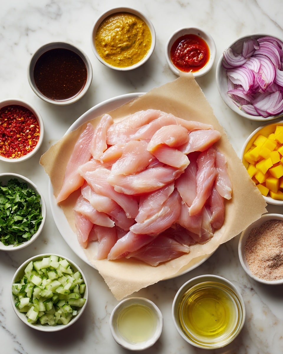 A round white plate holds many slices of raw light pink chicken meat layered loosely over each other and sitting on light brown parchment paper. Surrounding the plate are many small bowls of different shapes and colors, all placed on a white marbled surface. These bowls contain various ingredients: dark brown and black sauces, yellow peanut butter, bright red chili paste, chopped green herbs, diced yellow mango, sliced light green cucumber, thinly sliced light purple onion, crushed garlic, finely ground light brown powder, and several clear and pale yellow liquids. The arrangement is neat and colorful, showing fresh and varied textures in a well-organized way. Photo taken with an iphone --ar 4:5 --v 7