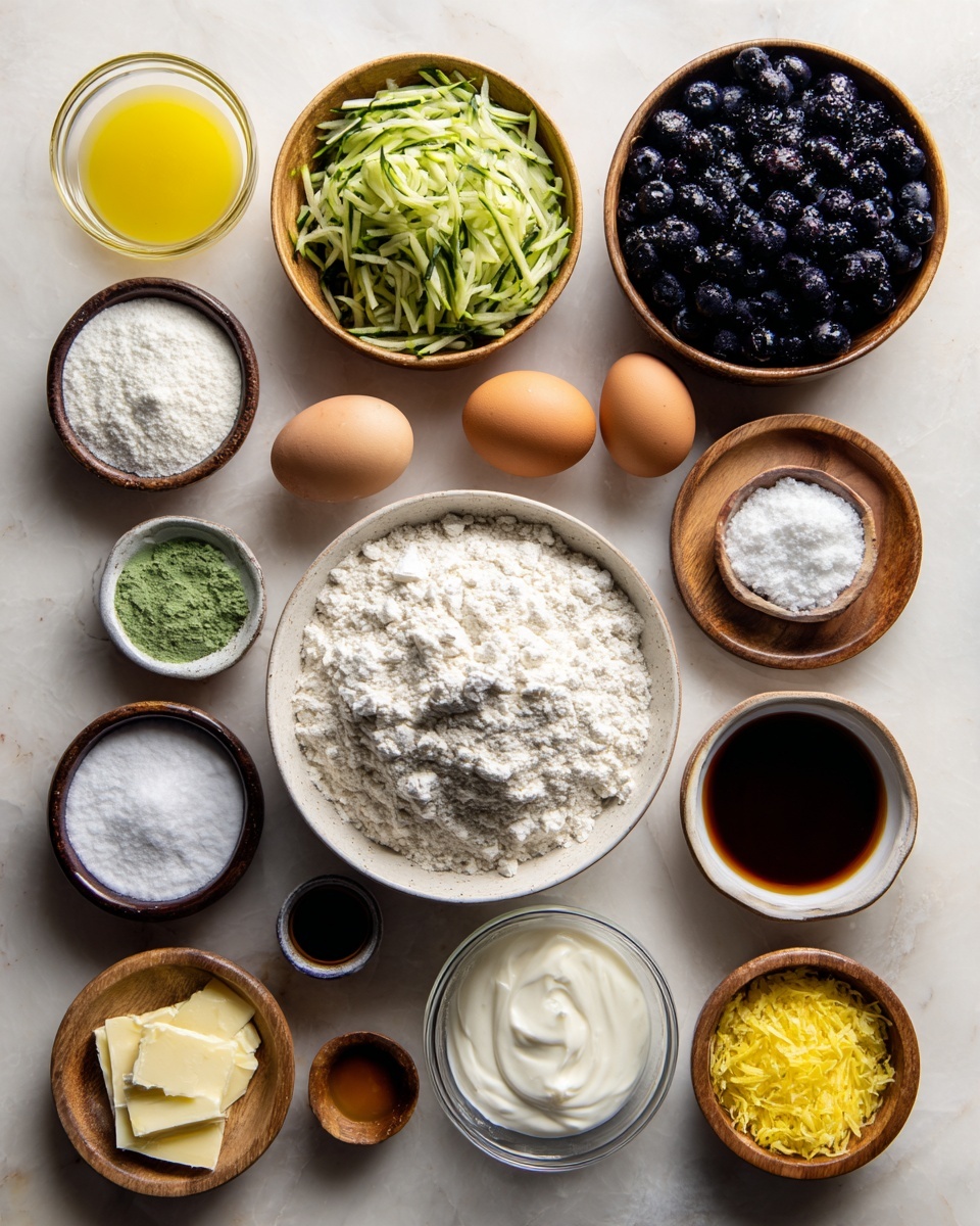 The image shows a top-down view of a white marbled surface with 13 small white bowls and wooden plates arranged in a loose grid. Central is a large bowl filled with white flour that has some lumps. Above it to the right is a bowl full of dark blue blueberries, and to the left, a bowl with finely shredded green zucchini. Below the blueberries is a small bowl filled with white powdered sugar, next to which are two brown eggs and a small bowl with dark brown liquid. Below the central flour are small bowls with white sugar, a creamy white yogurt-like substance, and a bowl with bright yellow lemon zest. To the far left, there is melted yellow butter in a glass bowl and small bowls holding white salt, white baking powder, and white baking soda. Another small bowl contains pale yellow melted butter. The overall look is neat and colorful with natural ingredients arranged clearly and evenly spaced. Photo taken with an iphone --ar 4:5 --v 7