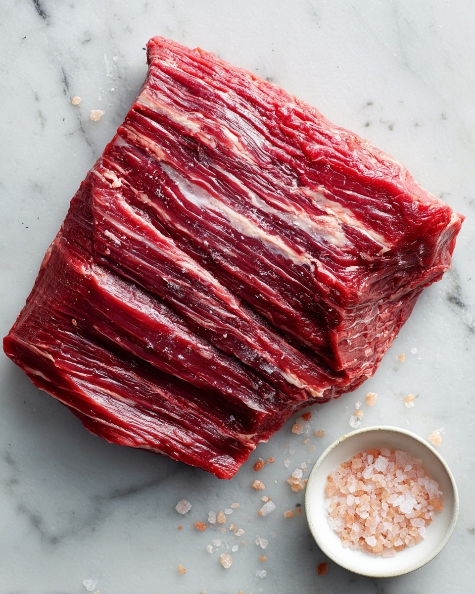 A large, raw piece of red meat with visible white fat streaks and fibers sits on a white marbled surface. The meat has an uneven, textured surface with several ridges and folds, showing its natural grain and marbling. To the right of the meat, there is a small white bowl filled with light pink salt crystals. The overall scene is simple and clean, focusing closely on the fresh meat and seasoning. photo taken with an iphone --ar 4:5 --v 7