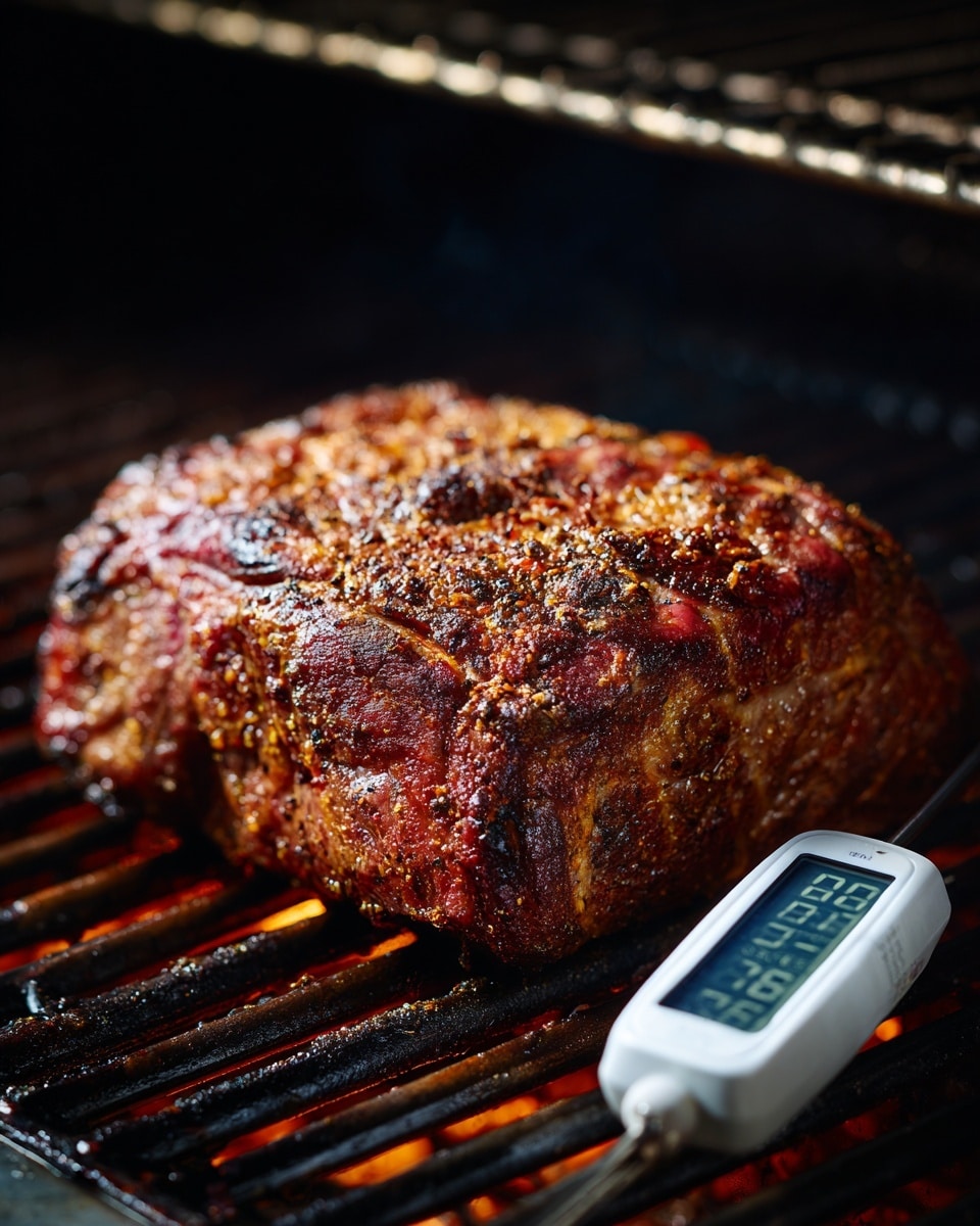 A large piece of grilled meat is shown resting on a grill with dark metal bars. The meat has a rough texture with a mix of dark brown and reddish tones, showing it is well cooked with a slightly crispy surface. A white digital thermometer probe sticks into the meat from the right side, displaying a temperature reading of 166 degrees. The background is dark, highlighting the meat and the thermometer photo taken with an iphone --ar 4:5 --v 7