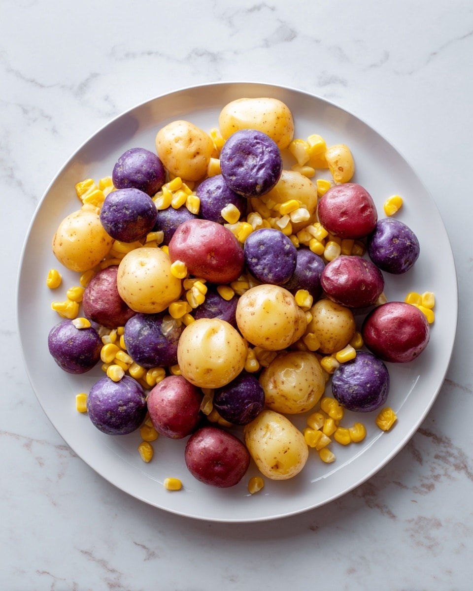 A white plate is filled with several small round potatoes in three colors: light yellow, purple, and red. Scattered among the potatoes are many bright yellow corn pieces, cut into thick rounds showing the textured kernels. The plate rests on a white marbled surface, giving a clean, simple look. photo taken with an iphone --ar 4:5 --v 7
