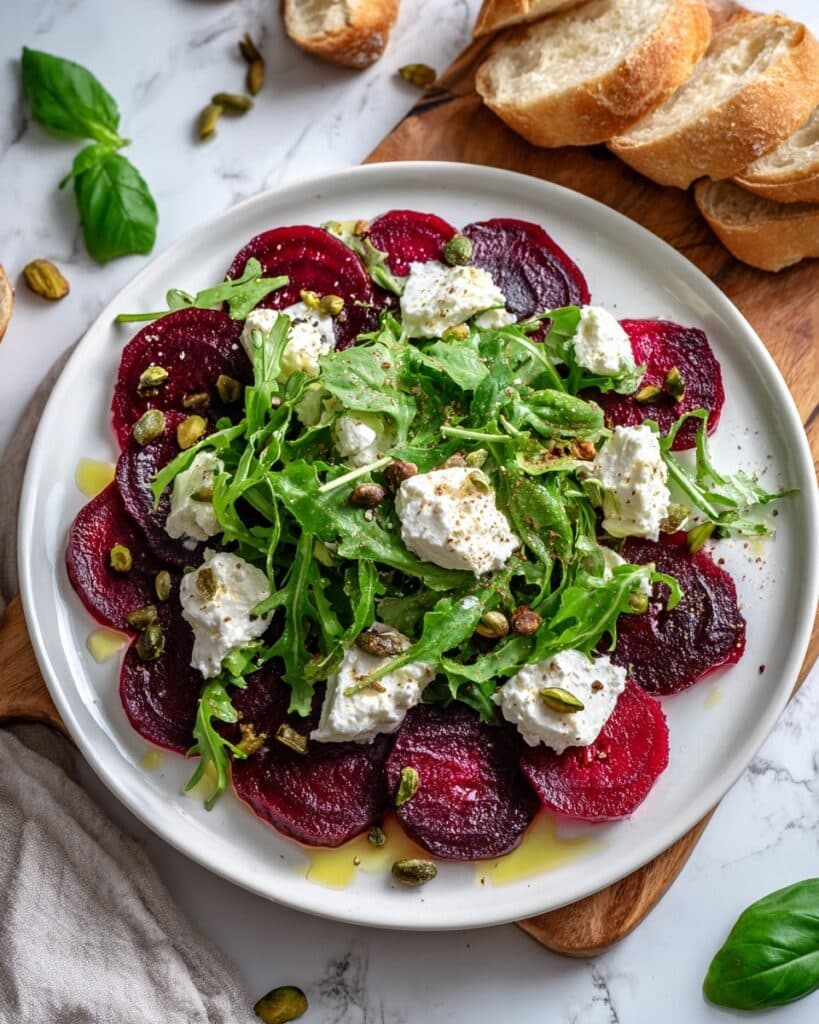 Beet Carpaccio with Goat Cheese, Pistachios, and Arugula Recipe