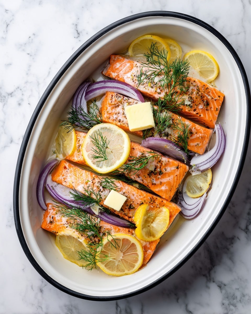 Five bright orange salmon pieces lay flat inside a white oval dish with a black rim. Each piece is topped with thinly sliced pale yellow lemon rounds, light purple onion rings spread evenly, and a small square of pale yellow butter. Fresh green dill sprigs rest on top, adding texture and color contrast. The dish is set on a white marbled surface. photo taken with an iphone --ar 4:5 --v 7