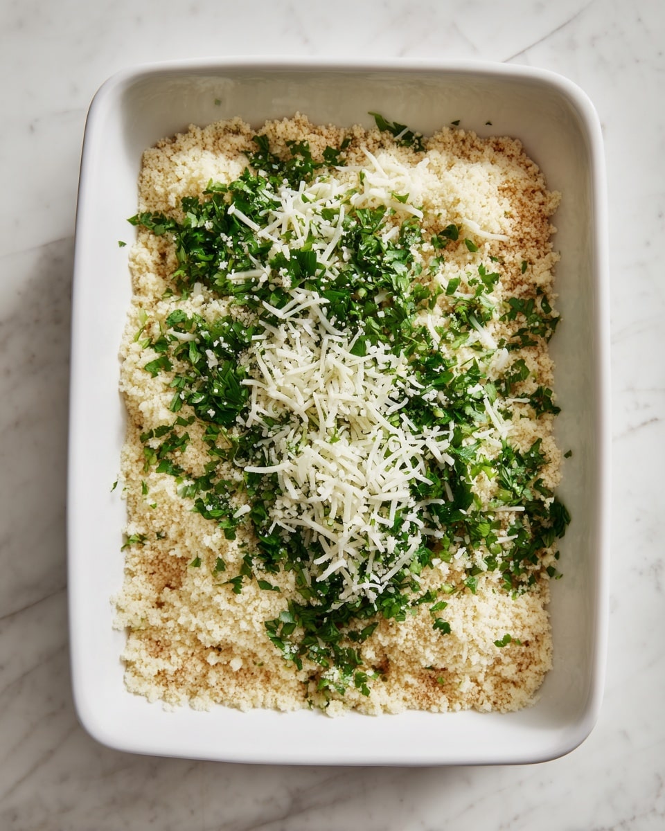 In a white rectangular baking dish, there is one main layer of fine beige crumbs spread across the bottom. On top, there are scattered deep green chopped herbs mainly gathered in the center and along the edges. Over the herbs sits a mix of finely chopped white garlic pieces mixed with a generous sprinkling of shredded white cheese, all concentrated more in the middle. The dish is placed on a white marbled surface. photo taken with an iphone --ar 4:5 --v 7