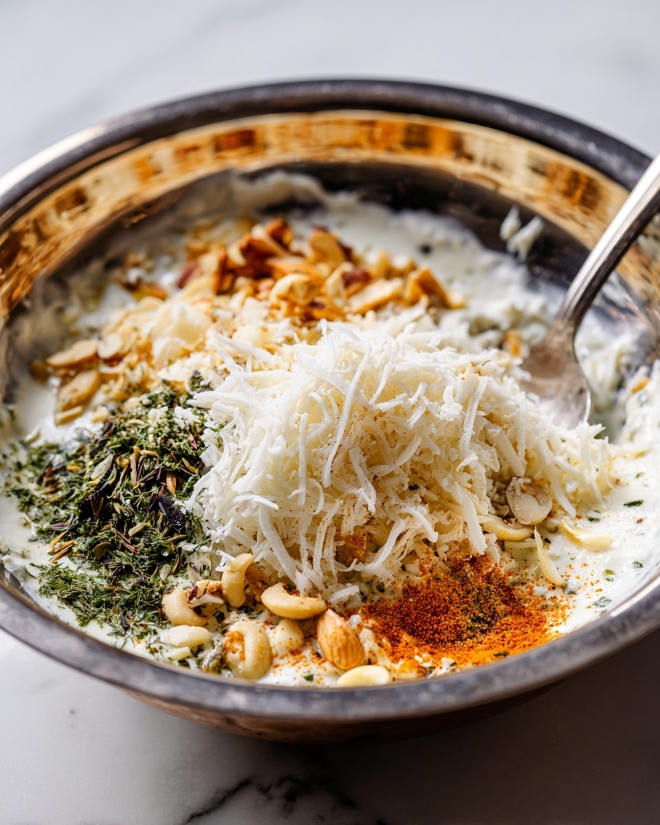 A shiny silver metal bowl sits on a white marbled surface, filled with layers of ingredients. The bottom layer has creamy white sauce or cheese, topped with a sizeable heap of shredded white cheese. Scattered on top are small pieces of chopped nuts, some dark green herbs, and a sprinkle of orange seasoning. A silver spoon leans inside the bowl on the right side, resting on the edge. In the background, blurry clear glassware is visible. Photo taken with an iphone --ar 4:5 --v 7