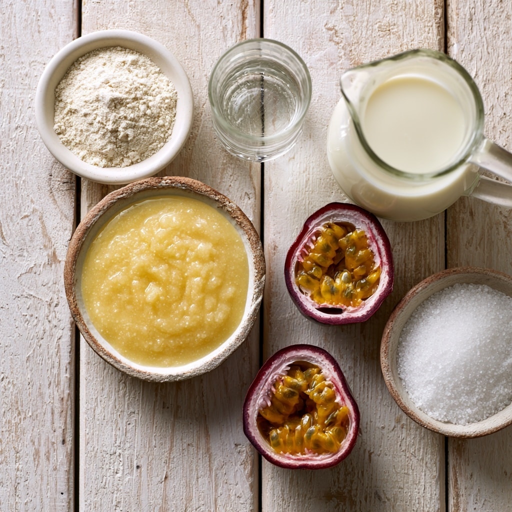 The left side shows a clear blender filled with a smooth, bright yellow liquid with a thick texture. On the right side, there is a white bowl with some yellow creamy mixture at the bottom, topped with black passion fruit seeds and a small pile of white sugar. A dark wooden spoon is resting inside the bowl, leaning on the edge. Both items sit on a white marbled surface. photo taken with an iphone --ar 4:5 --v 7