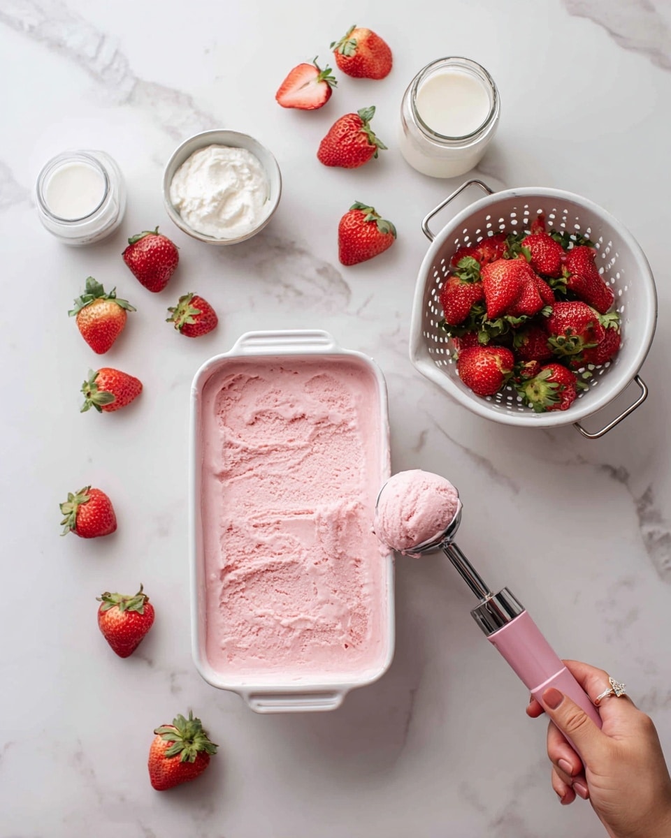 A container filled with one layer of light pink strawberry ice cream with a smooth texture, a woman's hand holding a pink-handled metal ice cream scooper scooping from the center; next to it on a white marbled surface, a white colander filled with red strawberries with green leaves, a few strawberries scattered around, also a small white bowl with white whipped cream, and two small jars filled with white milk. photo taken with an iphone --ar 4:5 --v 7