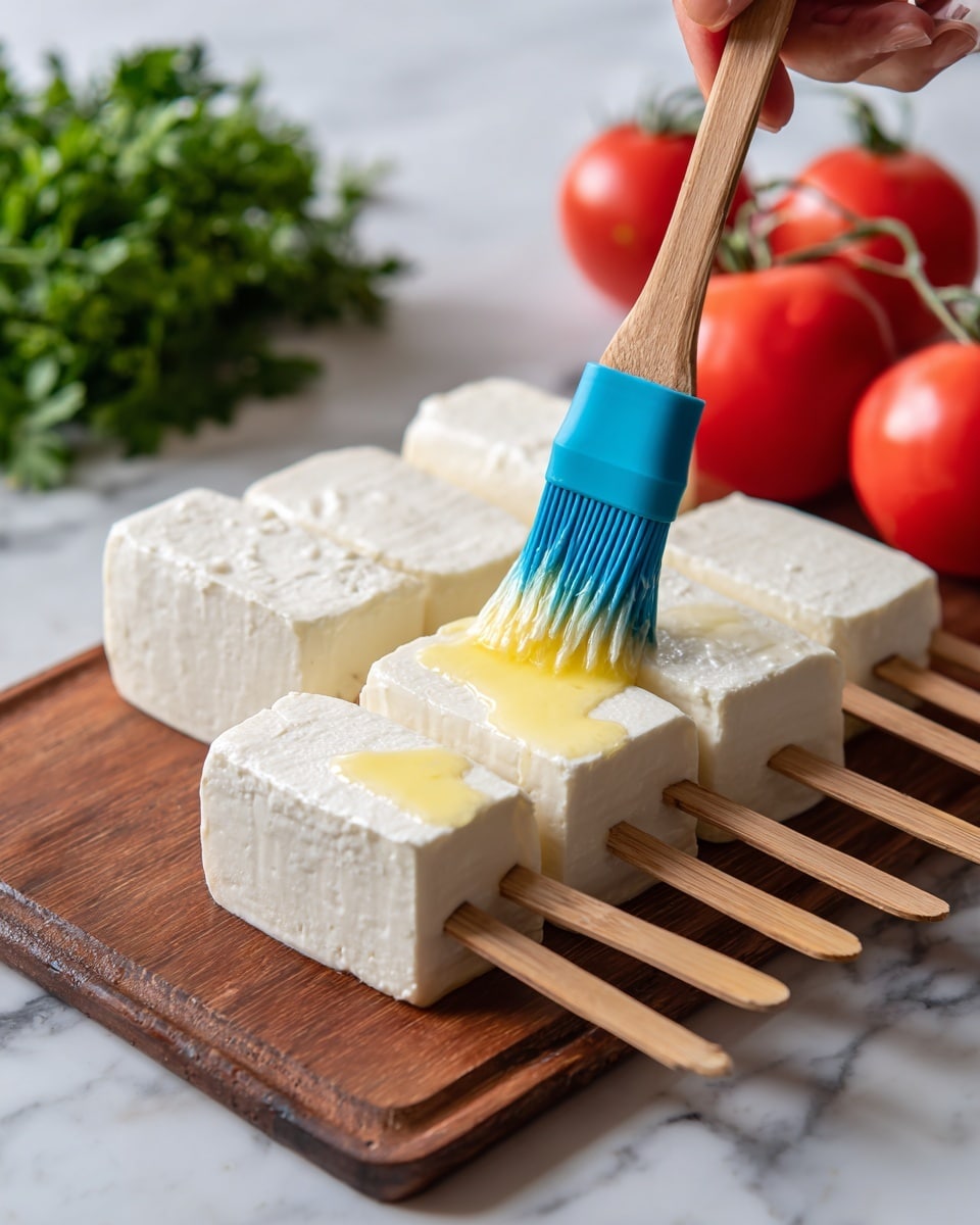 The image shows five long white tofu blocks on wooden skewers laid on a brown wooden board. A woman's hand is holding a brush with a blue silicone head and wood handle, spreading yellow oil on one tofu block near the center. In the background, there are two bright red tomatoes with green stems and some green parsley leaves to the left side. The whole scene is set on a white marbled surface. photo taken with an iphone --ar 4:5 --v 7