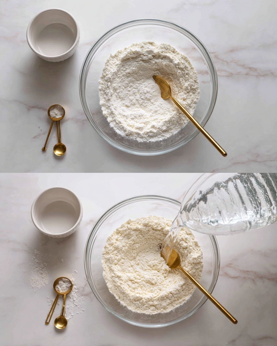 The image shows two side-by-side photos of a clear glass bowl on a white marbled surface. The bowl holds a layer of white flour with a small indentation in the center, and a gold spoon stands inside the bowl at an angle. Around the bowl, there is a small white cup with some spilled flour on the surface below it, and two small gold measuring spoons rest on the marble background near the bowl. In the second photo, a transparent pitcher pours clear water into the flour, causing a small splashing effect. The overall colors include white flour, the gold of the utensils, and the clear glass of the bowl and pitcher. photo taken with an iphone --ar 4:5 --v 7