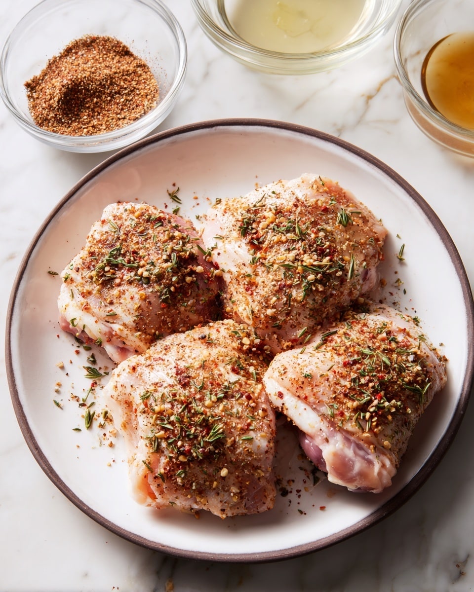 A white round plate with a thin dark rim holds five pieces of raw chicken thighs. Each chicken piece is covered in a dry seasoning mix that looks like a blend of brown and reddish spices, sprinkled evenly all over the meat. Tiny green dried herbs are scattered on top, adding more texture and color contrast. The plate sits on a white marbled surface, with a small glass bowl of brown spice mix and a glass bowl with a light yellow liquid visible in the background. The photo taken with an iphone --ar 4:5 --v 7