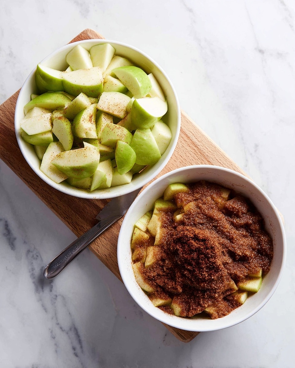 The dish shows a white plate with red floral designs filled with golden-brown cooked apple slices in a thick cinnamon sauce. The apple slices form a loose single layer on the plate, partly submerged in the sauce. On top, there is a round scoop of white ice cream sprinkled lightly with cinnamon powder. A silver spoon rests on the plate, partially under some apple slices, with its handle pointing outward. The plate sits on a white marbled surface, and to the side, a tray of more cooked apple slices is partly visible. Photo taken with an iphone --ar 4:5 --v 7