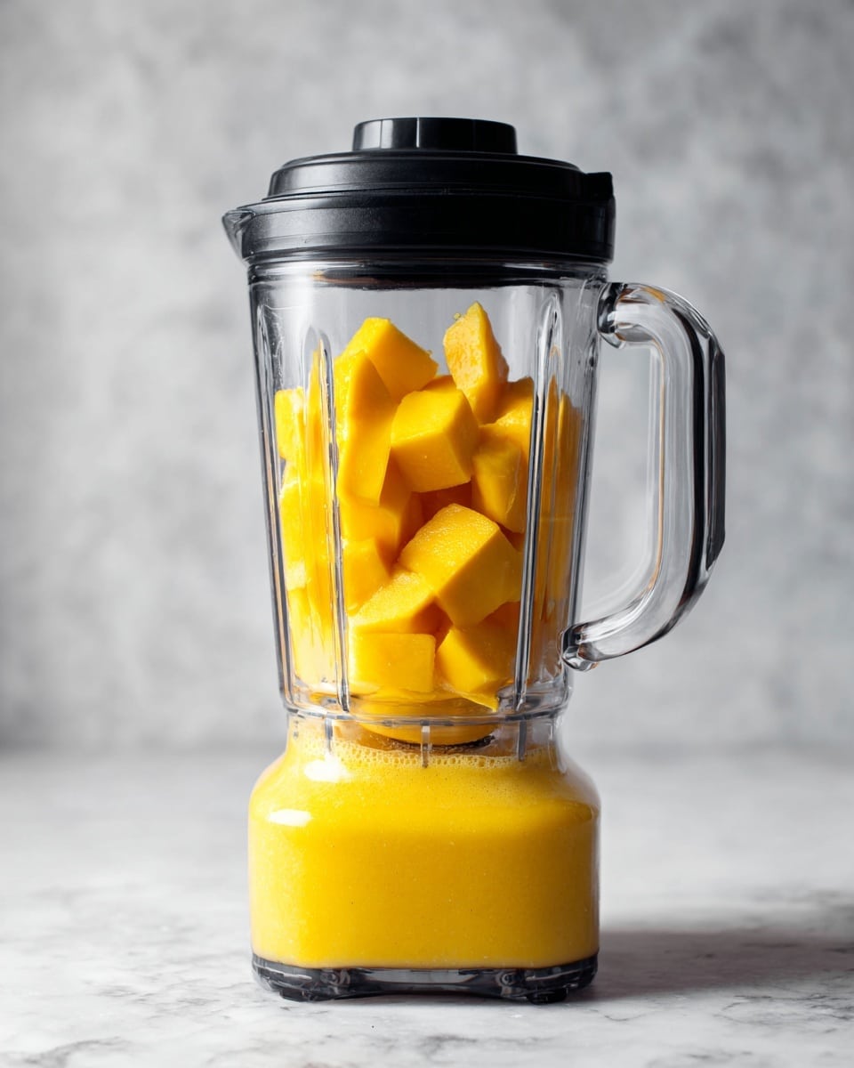 The image shows two stages of a blender with a black lid and handle on a white marbled surface. In the first stage, the blender is filled with chunky bright yellow mango pieces piled up inside the clear container. In the second stage, the mango pieces are blended into a smooth, thick yellow mango puree filling about half of the clear blender container. The blender is the same in both pictures with the clear body, black lid, and black handle. photo taken with an iphone --ar 4:5 --v 7