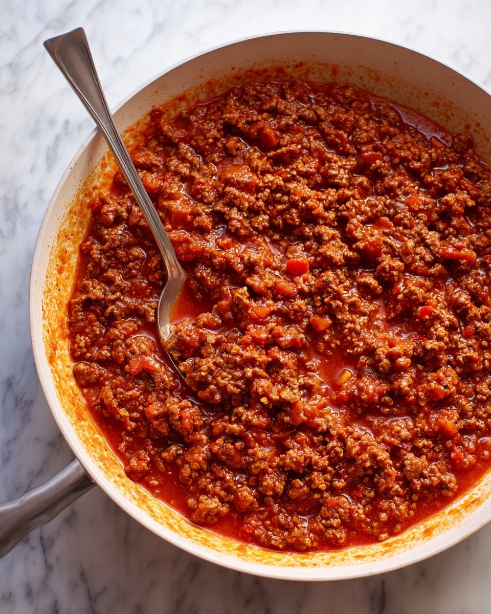 A close-up view of a white pan filled with cooked ground meat sauce that has a rich reddish-brown color. The meat is in small, crumbly chunks coated with a thick, glossy sauce mixed with small bits of tomato and spices. A silver spoon is partially inside the pan on the left side, mixing the sauce and meat, reflecting some of the sauce’s color. The pan sits on a white marbled surface. photo taken with an iphone --ar 4:5 --v 7