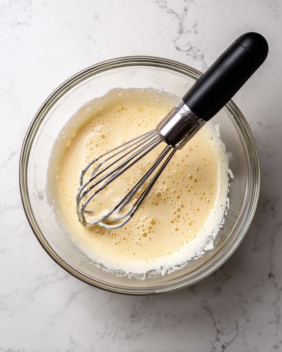 A clear glass bowl on a white marbled surface holds a pale yellow creamy mixture with a thicker, lighter cream layer sticking to the sides of the bowl. Two shiny metal beaters from a black electric mixer are partially submerged in the mixture, with some cream clinging to the beaters. The scene shows the mixing in progress with a smooth texture and small bubbles forming on the surface. photo taken with an iphone --ar 4:5 --v 7