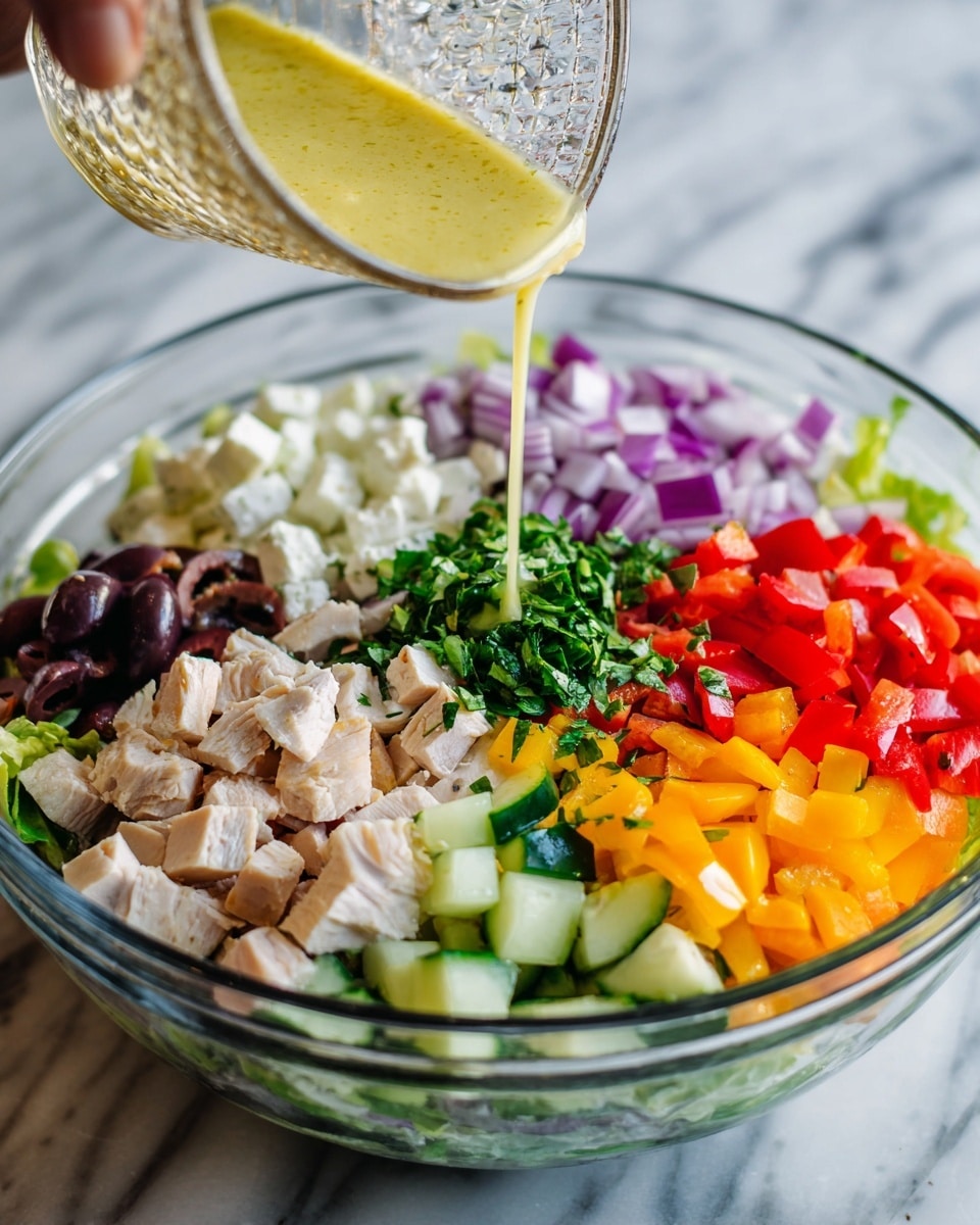 A white bowl filled with a colorful mixed salad showing multiple small chopped layers including bright red cherry tomato pieces, light green cucumber chunks, light green torn lettuce, small cubes of white cheese, dark purple olives, small pieces of cooked light beige chicken, and bits of red onion with green dill sprinkled on top; a silver spoon rests inside the bowl on the right side and a woman's hand gently holds the bottom left edge of the bowl, all set against a white marbled textured background photo taken with an iphone --ar 4:5 --v 7