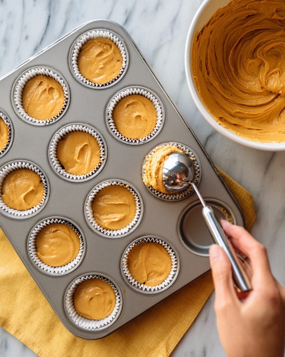 A close-up image shows a metal muffin tray with paper liners filled with orange-brown batter. The tray holds six lined cups with batter, and six empty lined cups, all neatly arranged. A woman’s hand holds a silver ice cream scoop filled with batter, positioned above an empty paper liner ready to fill it. A large white bowl filled with the same orange-brown batter is placed at the top right corner, partially visible. The tray is on a white marbled surface with a yellow cloth partly visible under the tray’s bottom left corner. Photo taken with an iphone --ar 4:5 --v 7