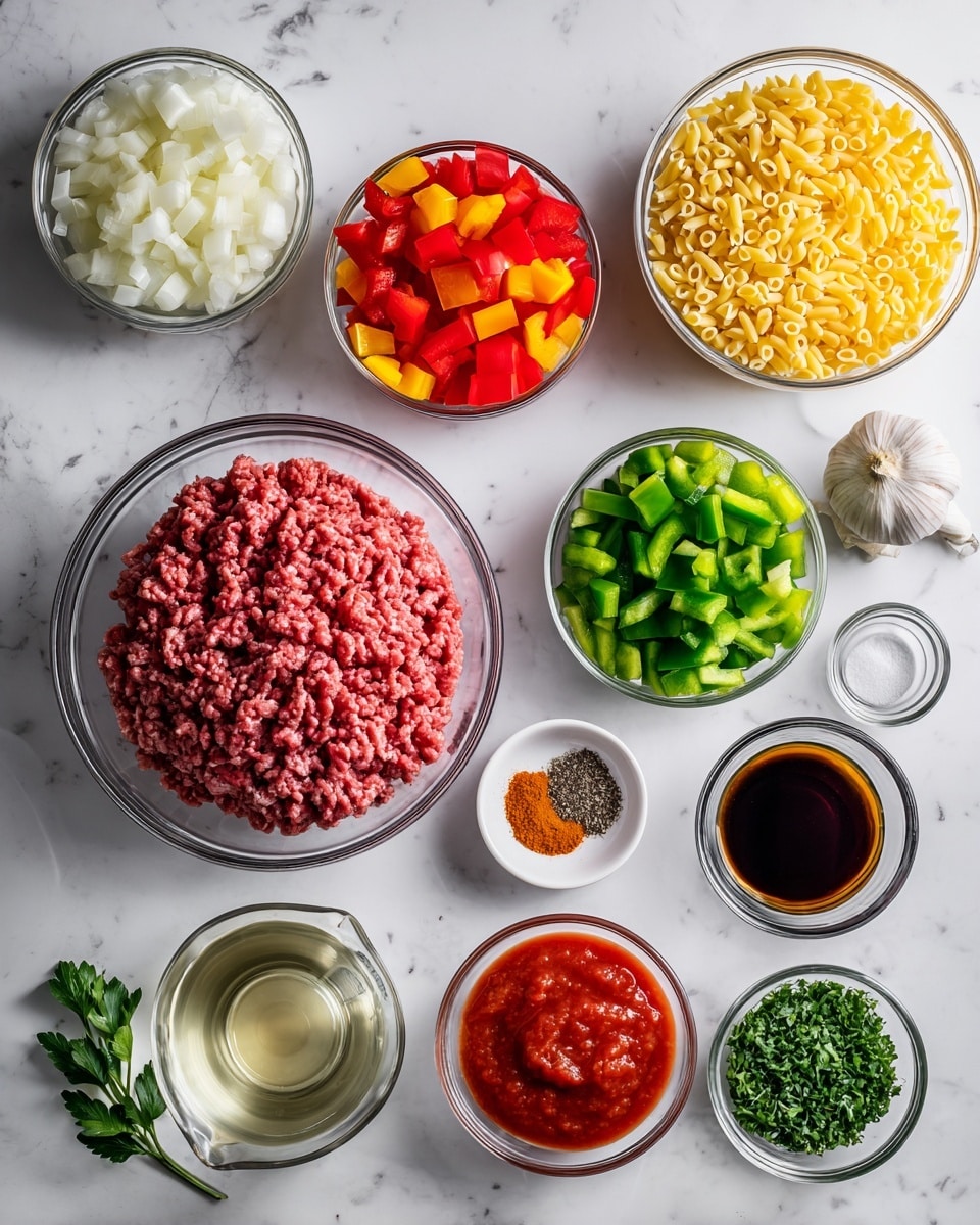 The image shows two white pots on a white marbled surface side by side. The left pot contains three layers: a colorful top layer of diced red, yellow, and green bell peppers with a soft texture, a middle layer of finely chopped white onions, and at the bottom, a layer of raw ground meat in reddish color. A white spatula rests inside this pot. The right pot shows the cooked result with one mixed layer of browned ground meat and softened bell peppers and onions, all small pieces evenly mixed. Nearby, there is a small white bowl of uncooked orzo pasta and a red jar of tomato sauce. A white and gray striped cloth is placed under the left pot. Photo taken with an iphone --ar 4:5 --v 7