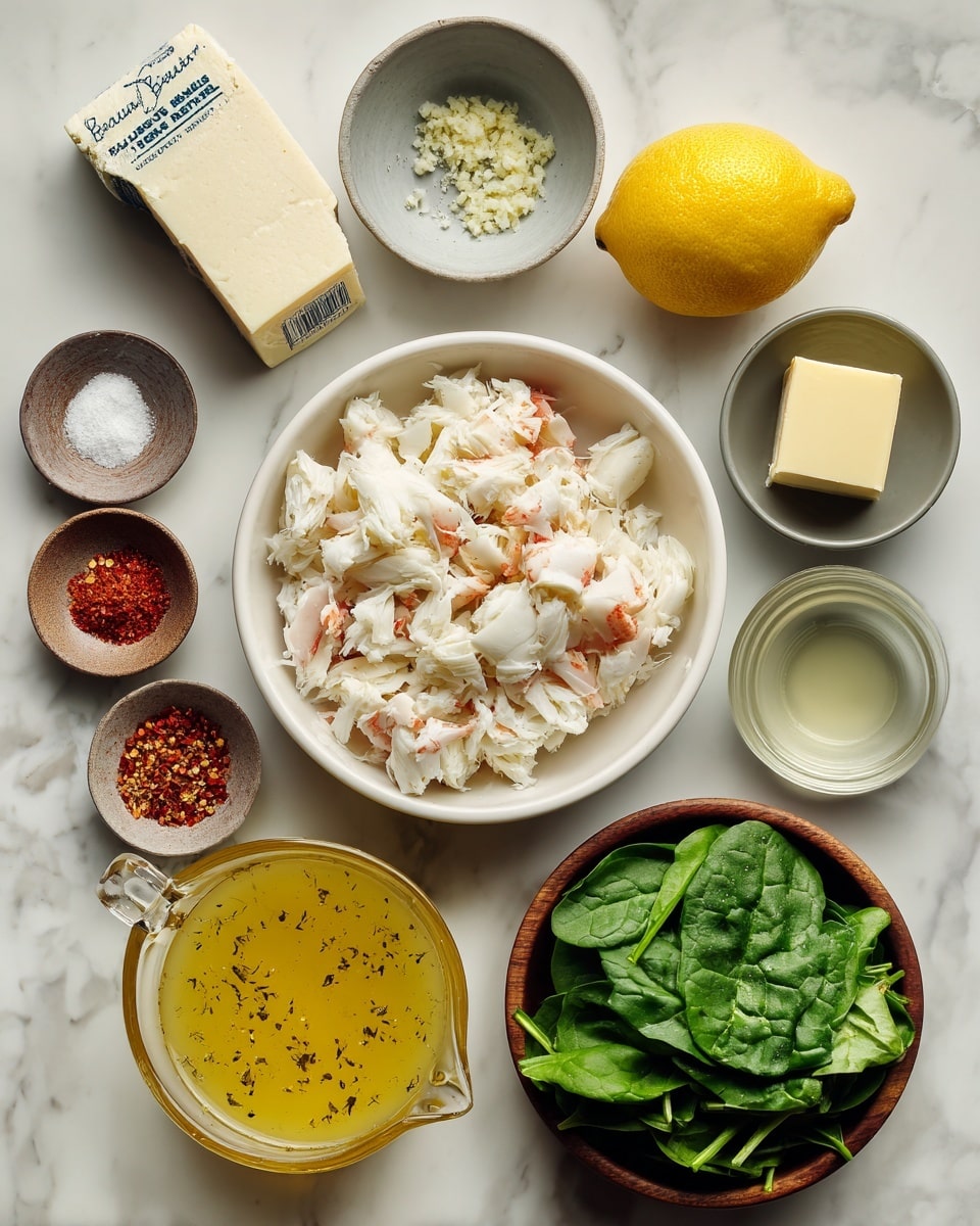 The image shows a top view of ingredients arranged on a white marbled surface with a central focus on a white bowl filled with white crab meat. Surrounding the bowl, there is a small gray bowl with minced garlic at the top, a bright yellow lemon to the right, and a small gray bowl with a square of butter below the lemon. To the bottom right, there is a wooden bowl filled with fresh green spinach leaves. Near the bottom center is a glass measuring cup filled with yellow broth sprinkled with herbs. To its left are small bowls containing salt and pepper, and crushed red chili flakes. Above these is a small white bowl with a clear liquid. At the top left corner is a box of Boursin garlic and herb cheese. Nearby, a small brown bowl contains uncooked orzo pasta, completing the ingredient set photo taken with an iphone --ar 4:5 --v 7