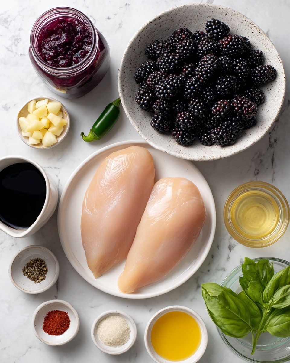 A top view of several ingredients arranged on a white marbled surface, centered around a white bowl holding two large, raw chicken fillets with smooth, pale pink skin. Above the bowl is a white speckled bowl filled with plump, dark blackberries. To the left of the blackberries is a jar open with deep purple jam. On the left side near the bottom, a small white pitcher holds dark soy sauce, and below it is a small dish with four spices: white salt, black pepper, bright red paprika, and a brownish spice. A single fresh green jalapeño pepper lies beside the soy sauce. To the right of the chicken bowl, small bowls hold chopped pale yellow garlic, a honey-colored liquid, a pale creamy sauce, and a dollop of yellow mustard. At the bottom right are fresh green basil leaves. A clear empty glass jug is near the bottom center. All items are laid out neatly with clear spacing, photo taken with an iphone --ar 4:5 --v 7
