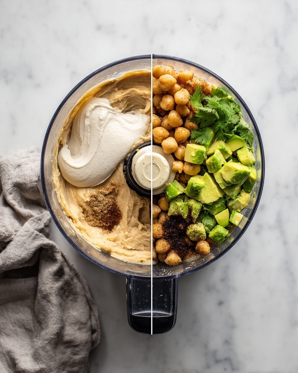 Two top-down images side by side show the inside of a clear food processor bowl with a black handle against a white marbled surface. The left image has three layers: a smooth beige creamy layer at the bottom, a thick white dollop on the left side, and a little of a shiny liquid pooling around them. The right image shows several ingredients layered inside the bowl: a base layer of light tan chickpeas, topped with a pile of bright green avocado chunks on the top right, some dark brown spices in the middle, and fresh light green cilantro sprigs on the right side. A soft gray cloth is draped on the bottom left part of the frame. Photo taken with an iphone --ar 4:5 --v 7